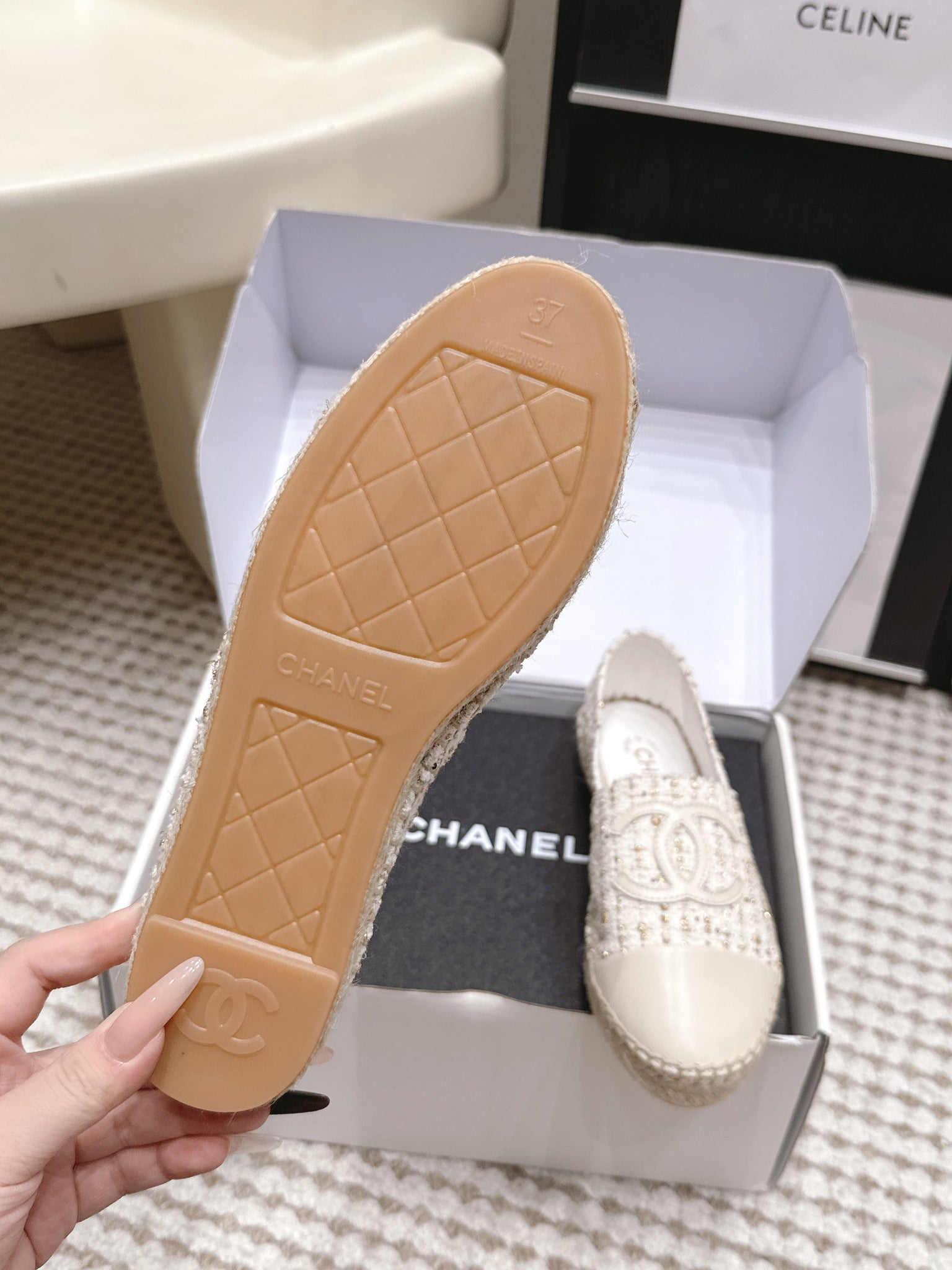 CC 26s Slip Ons White Tweed Patent Calfskin