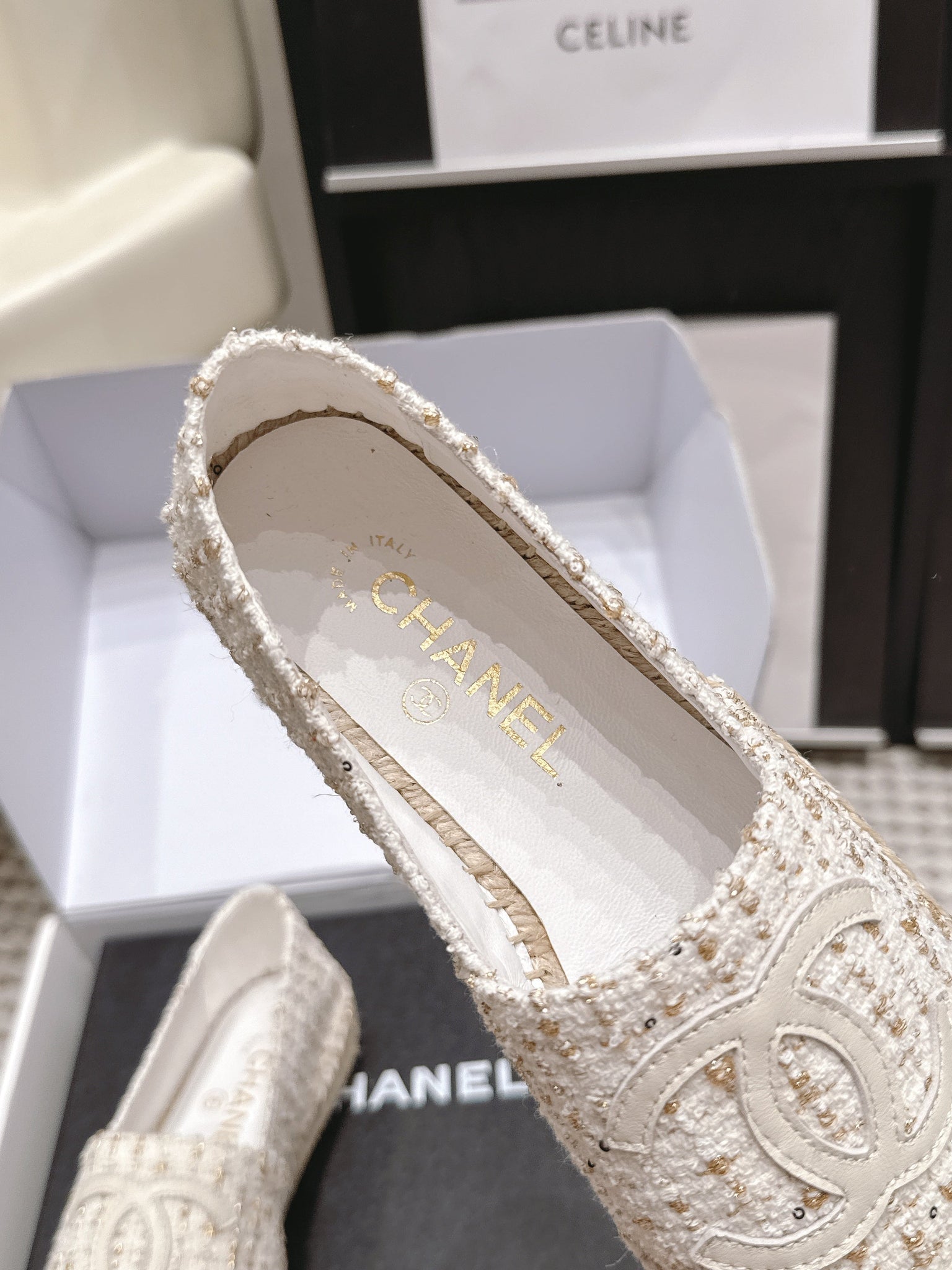 CC 26s Slip Ons White Tweed Patent Calfskin
