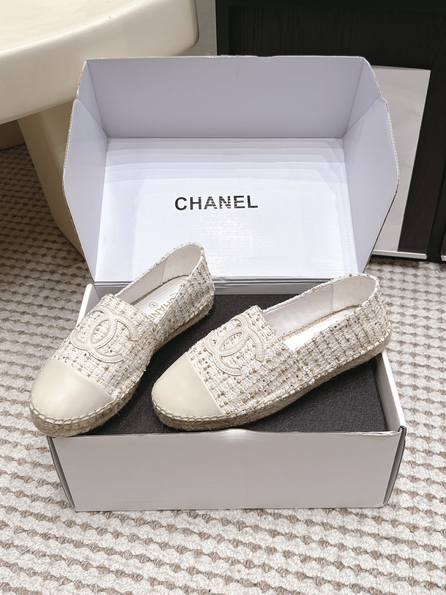 CC 26s Slip Ons White Tweed Patent Calfskin