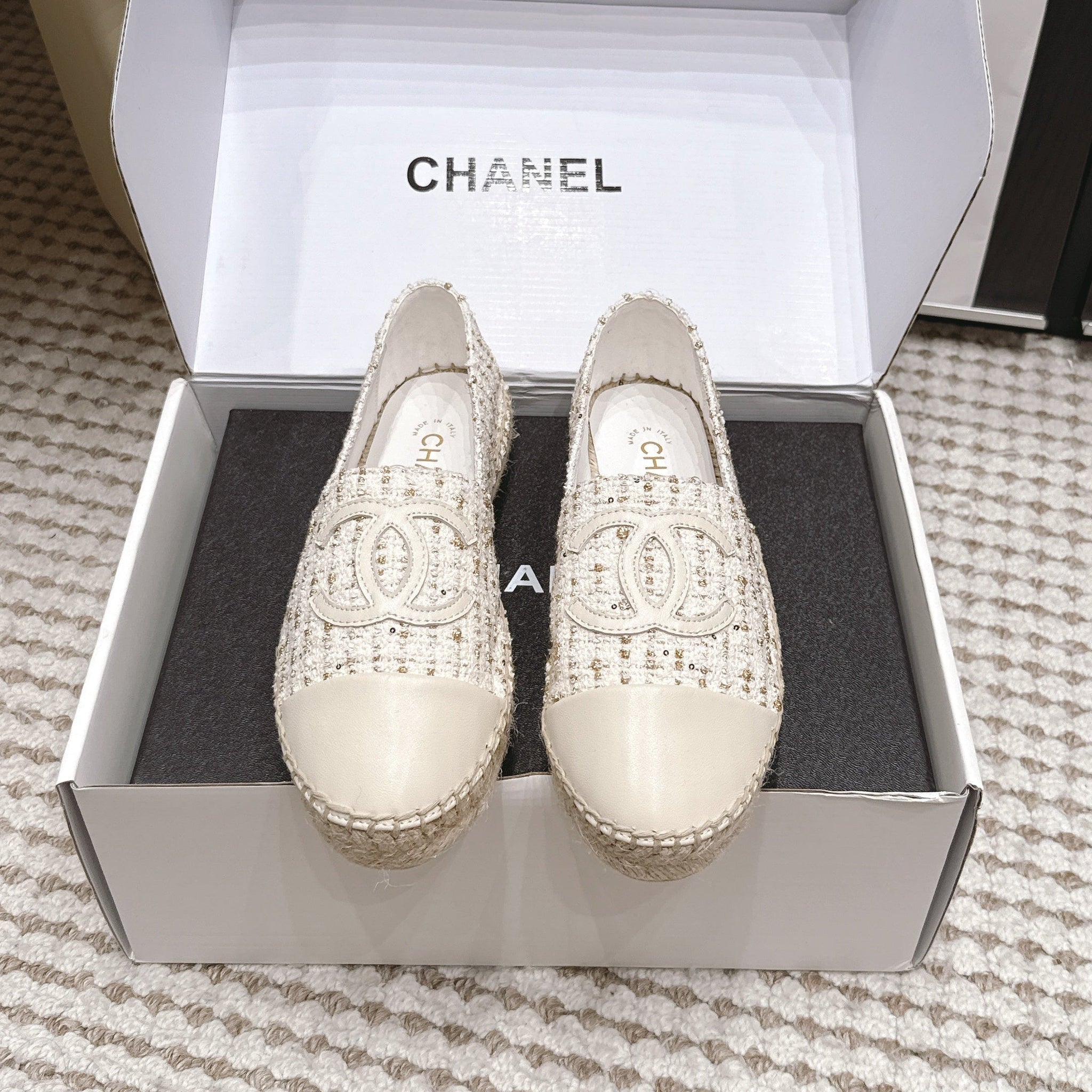 CC 26s Slip Ons White Tweed Patent Calfskin