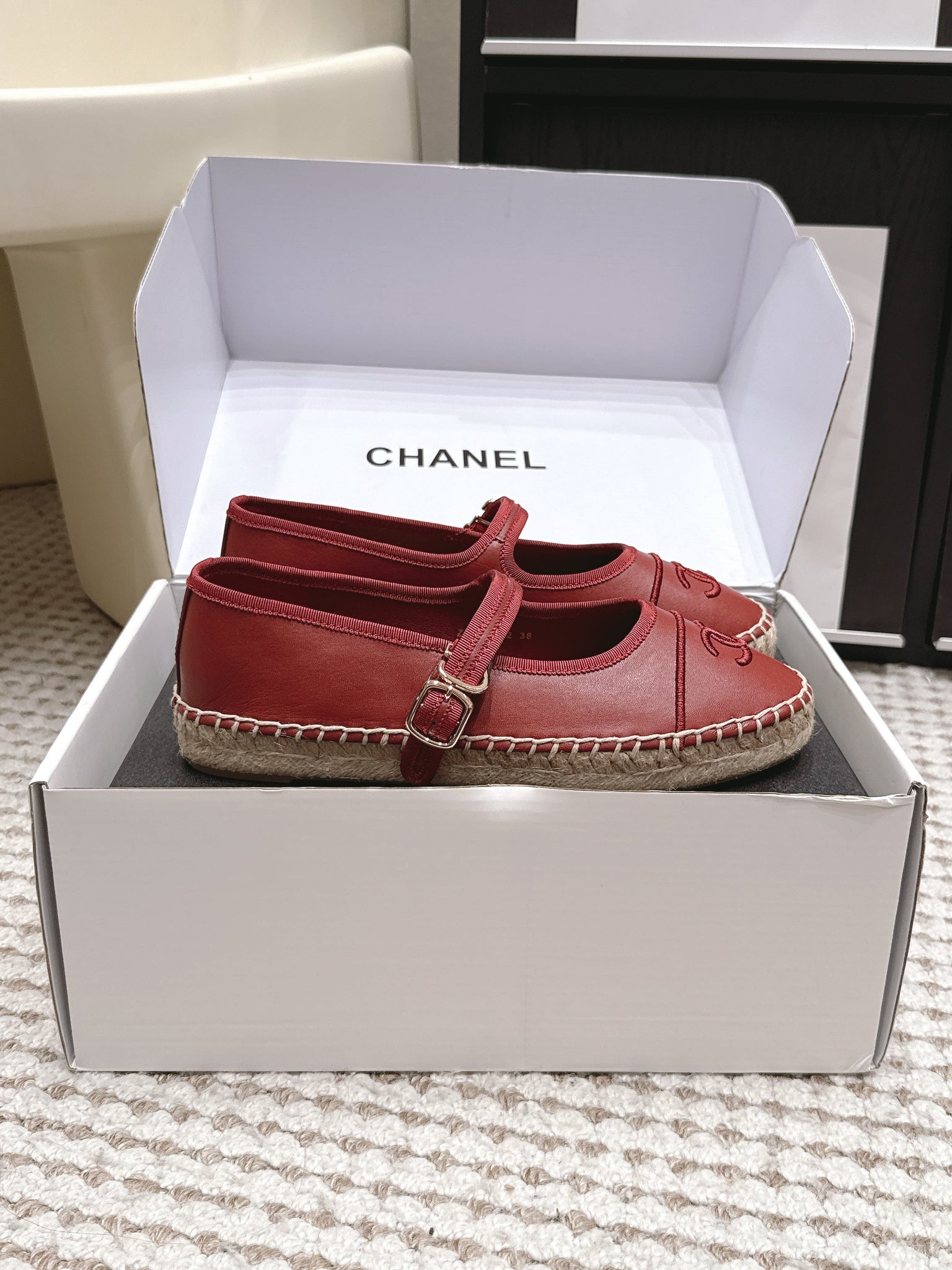Chanel 26S Mary Jane Flats In Dark Red Lambskin Espadrille Sole