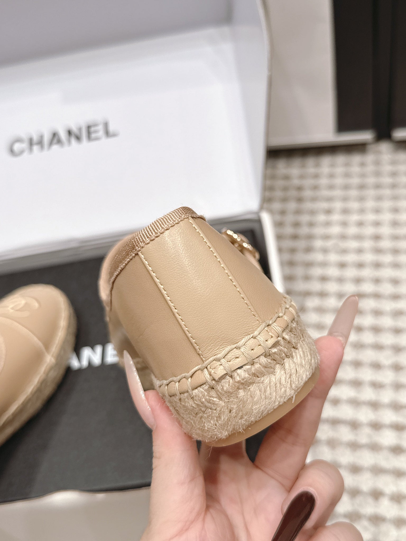 Chanel 26S Mary Jane Flats In Beige Lambskin Espadrille Sole