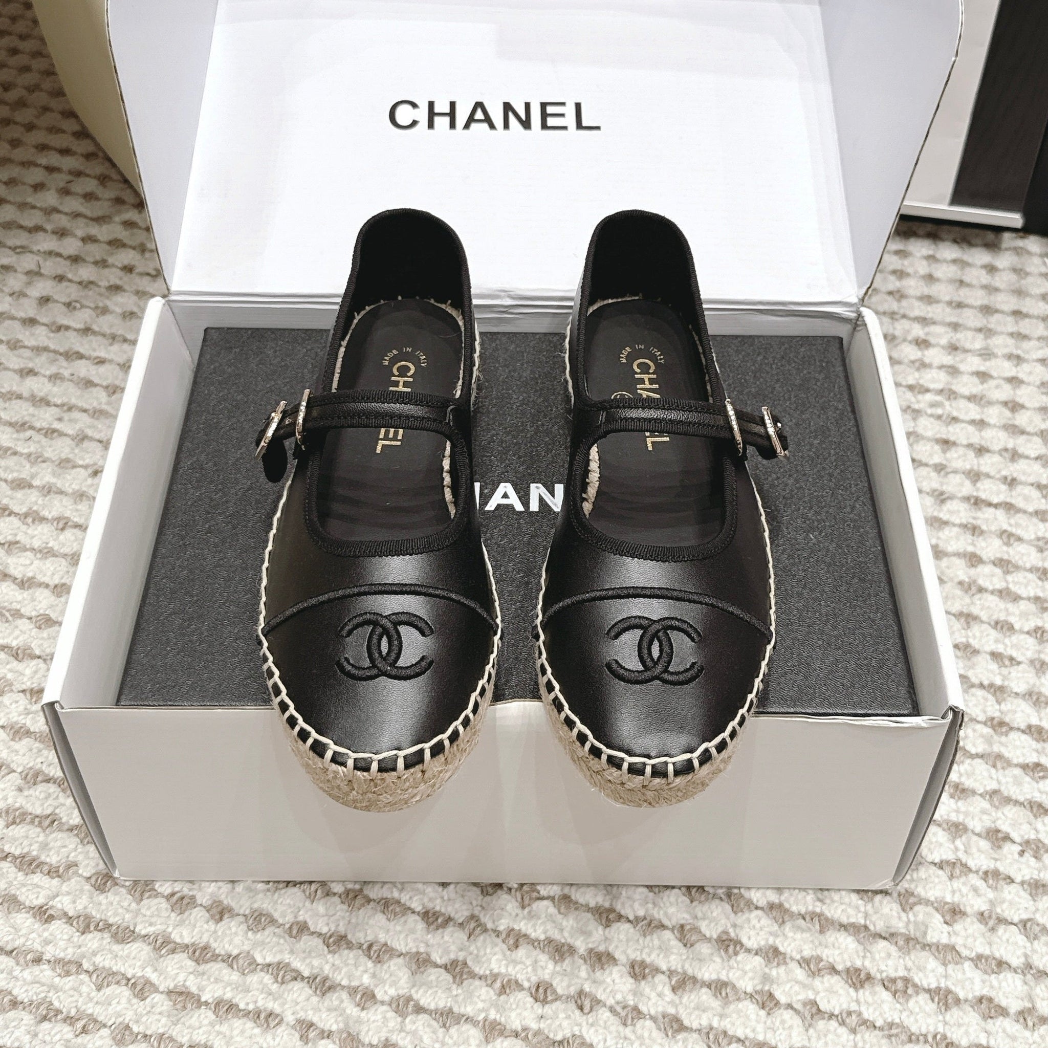 Chanel 26S Mary Jane Flats In Black Lambskin Espadrille Sole