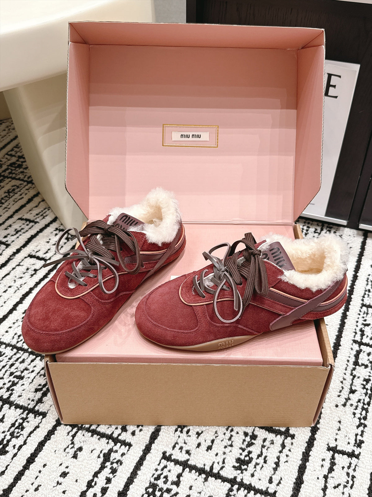 Miu Miu 26s Shearling Sneakers Burgundy Suede 138332
