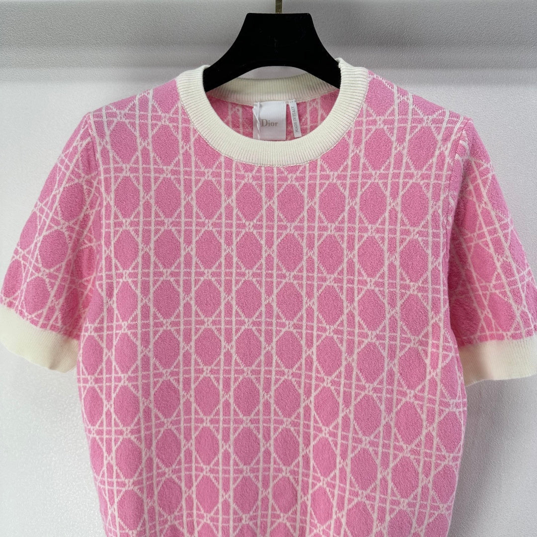 CD 26s Short-sleeved Crew Neck Pink Cream Cannage Cotton 348980