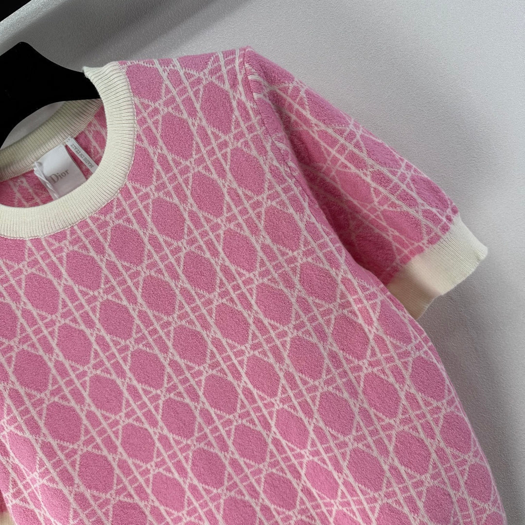 CD 26s Short-sleeved Crew Neck Pink Cream Cannage Cotton 348980