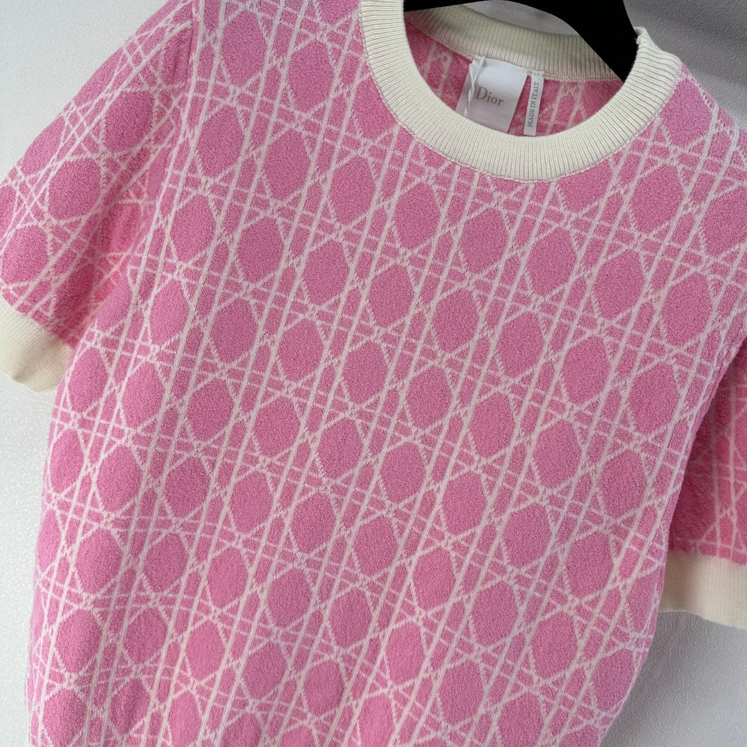 CD 26s Short-sleeved Crew Neck Pink Cream Cannage Cotton 348980