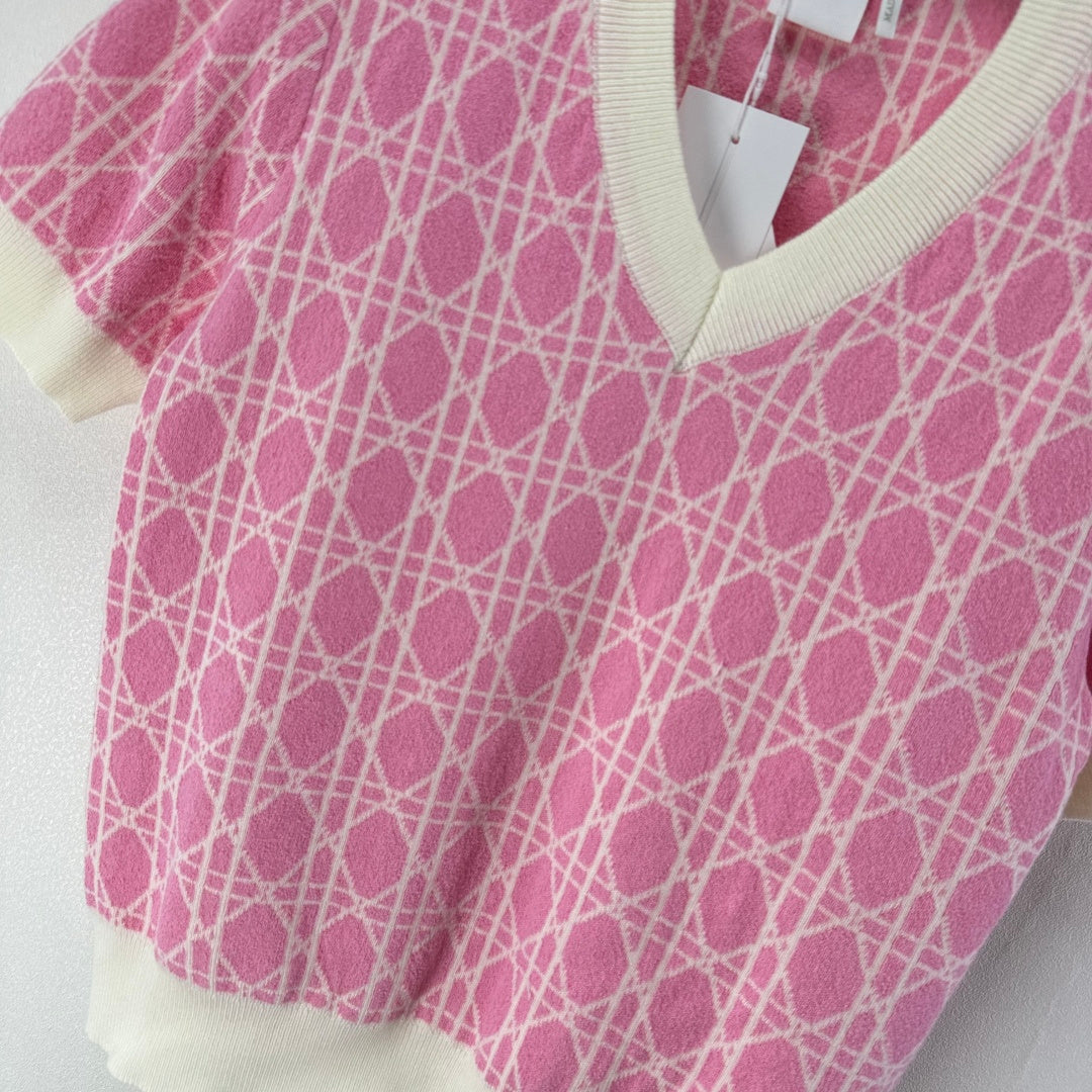 CD 26s Short-sleeved V-neckline Pink Cream Cannage Cotton 348984