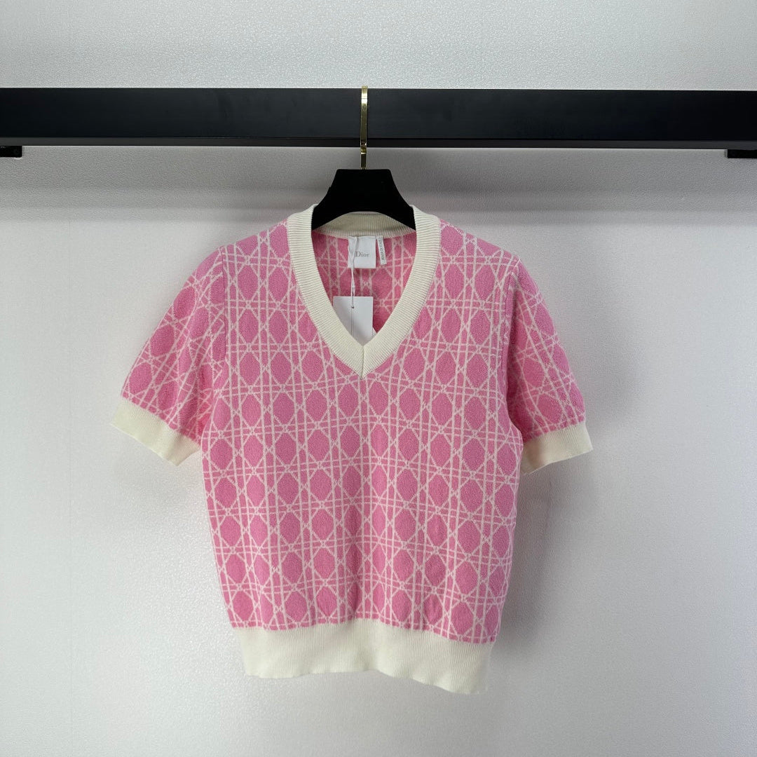 CD 26s Short-sleeved V-neckline Pink Cream Cannage Cotton 348984