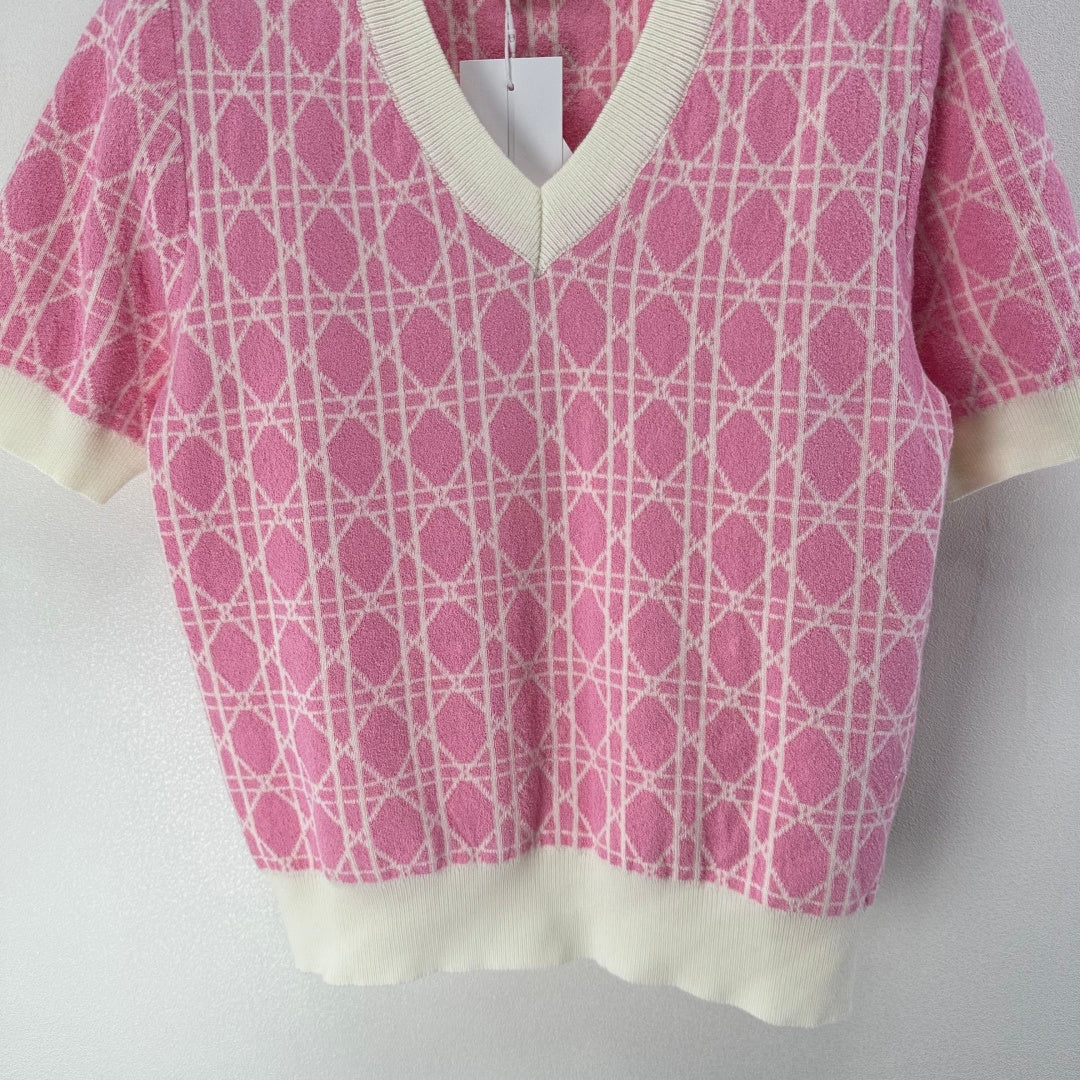 CD 26s Short-sleeved V-neckline Pink Cream Cannage Cotton 348984