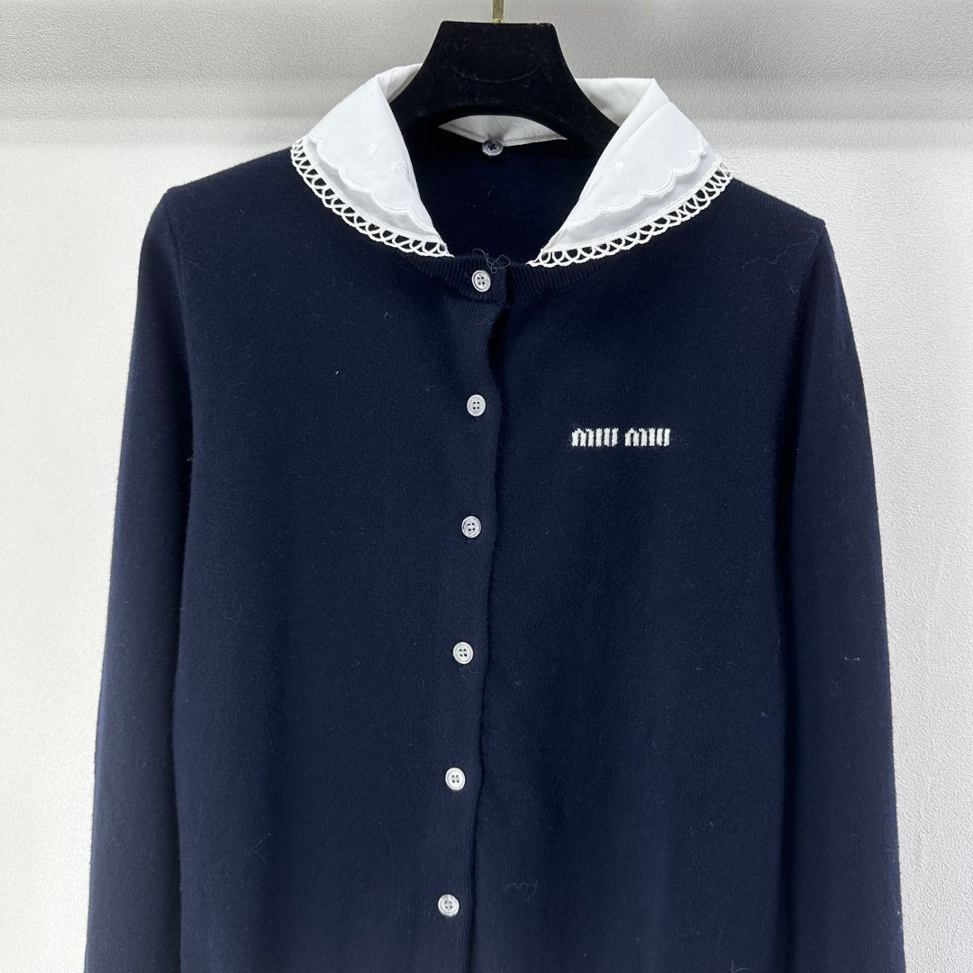 Miumiu 2026 Knit Long-Sleeve Cardigan Navy Blue Wool 349067