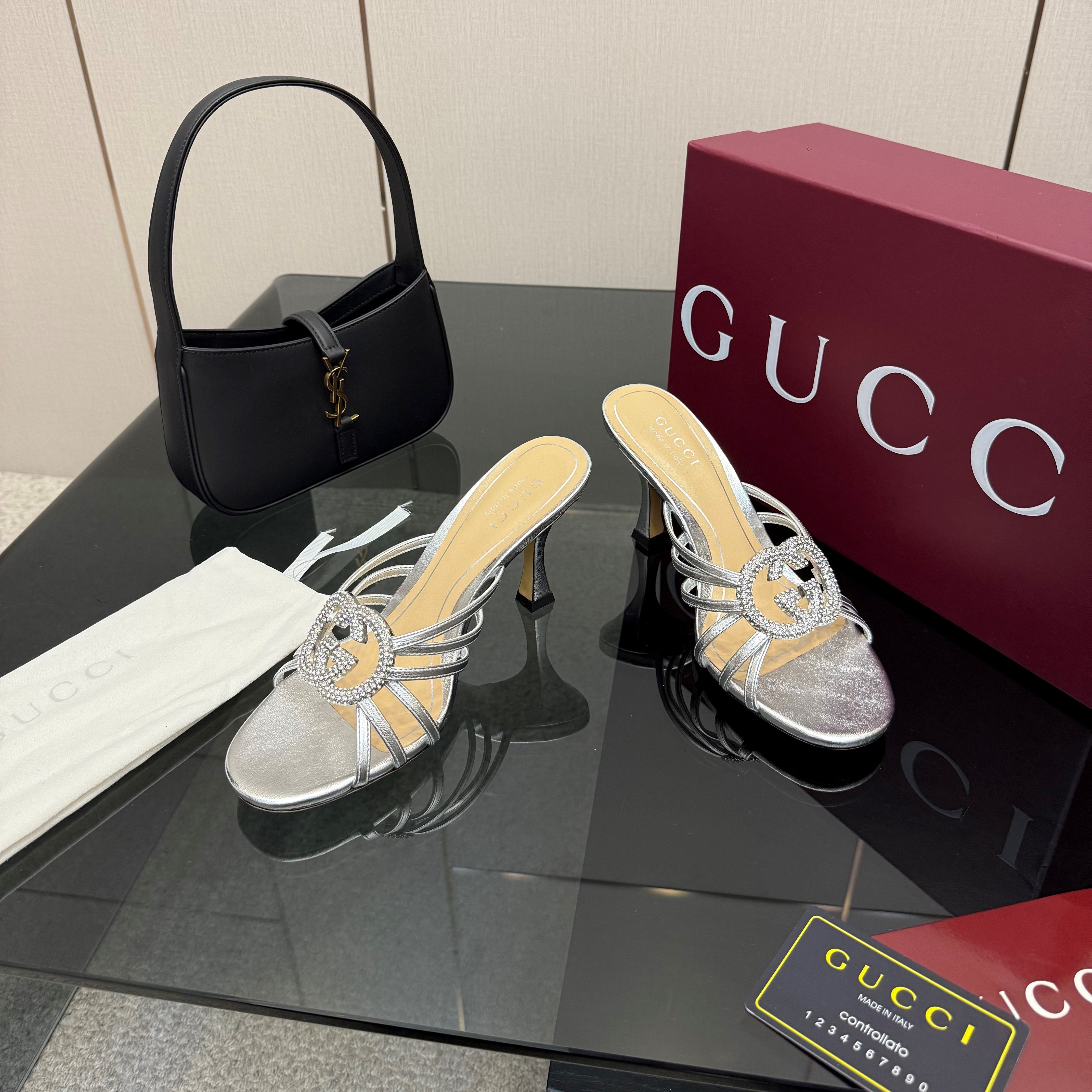 Women's Slide 85mm With Crystal Interlocking G Sliver Leather