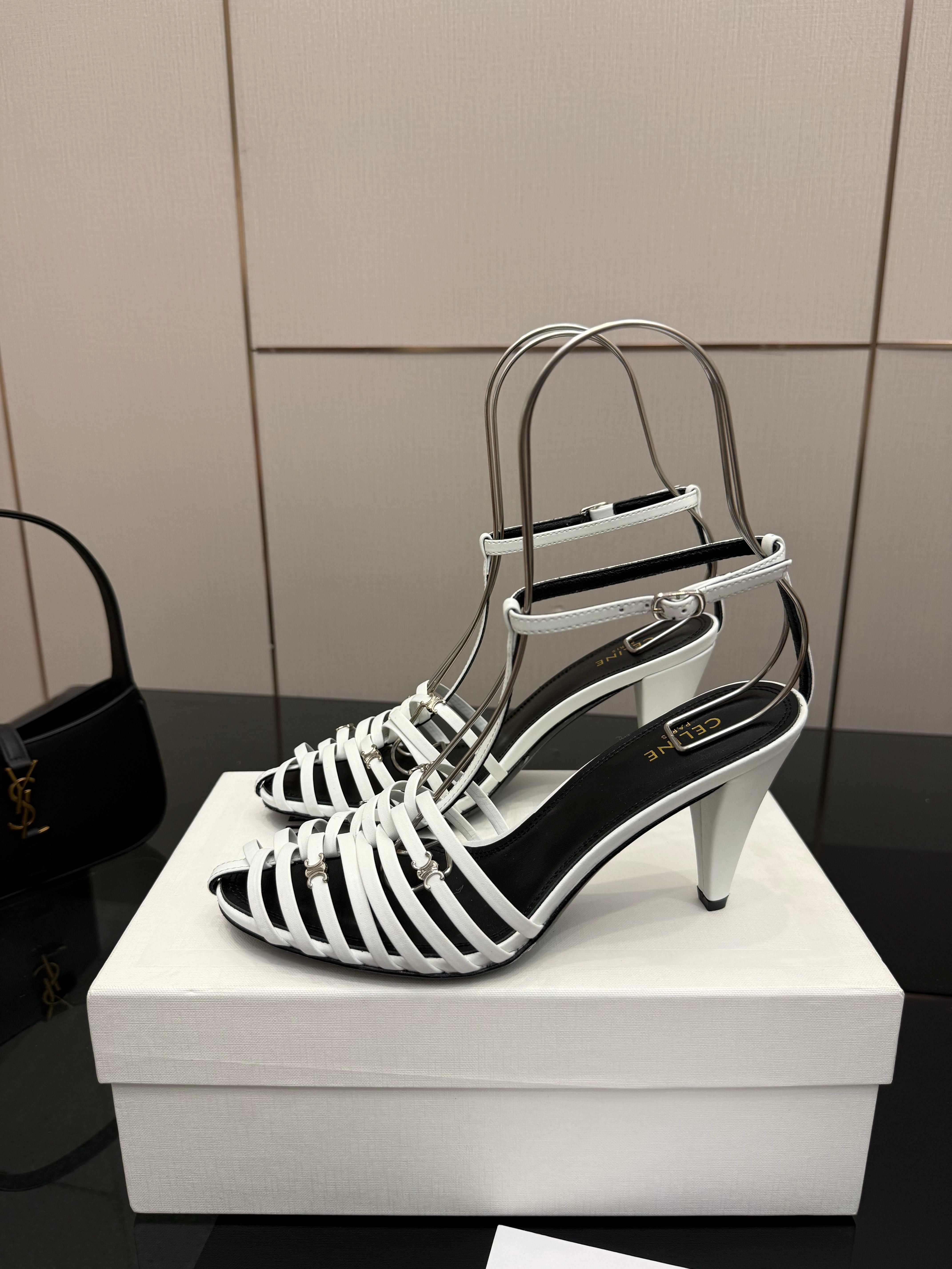 Celine Cage Heeled Sandal 9cm White Calfskin 725648