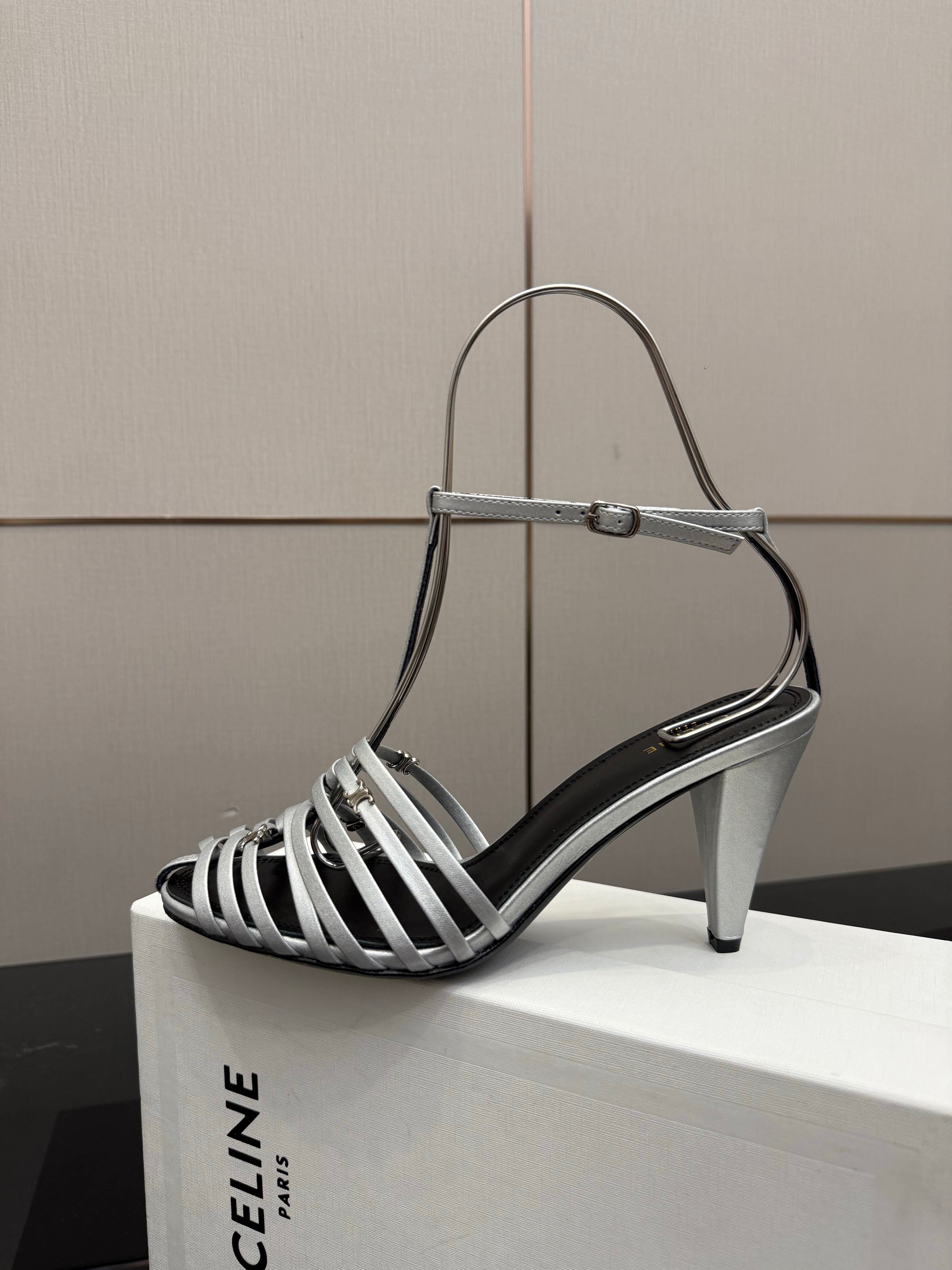 Celine Cage Heeled Sandal 9cm Sliver Calfskin 725651