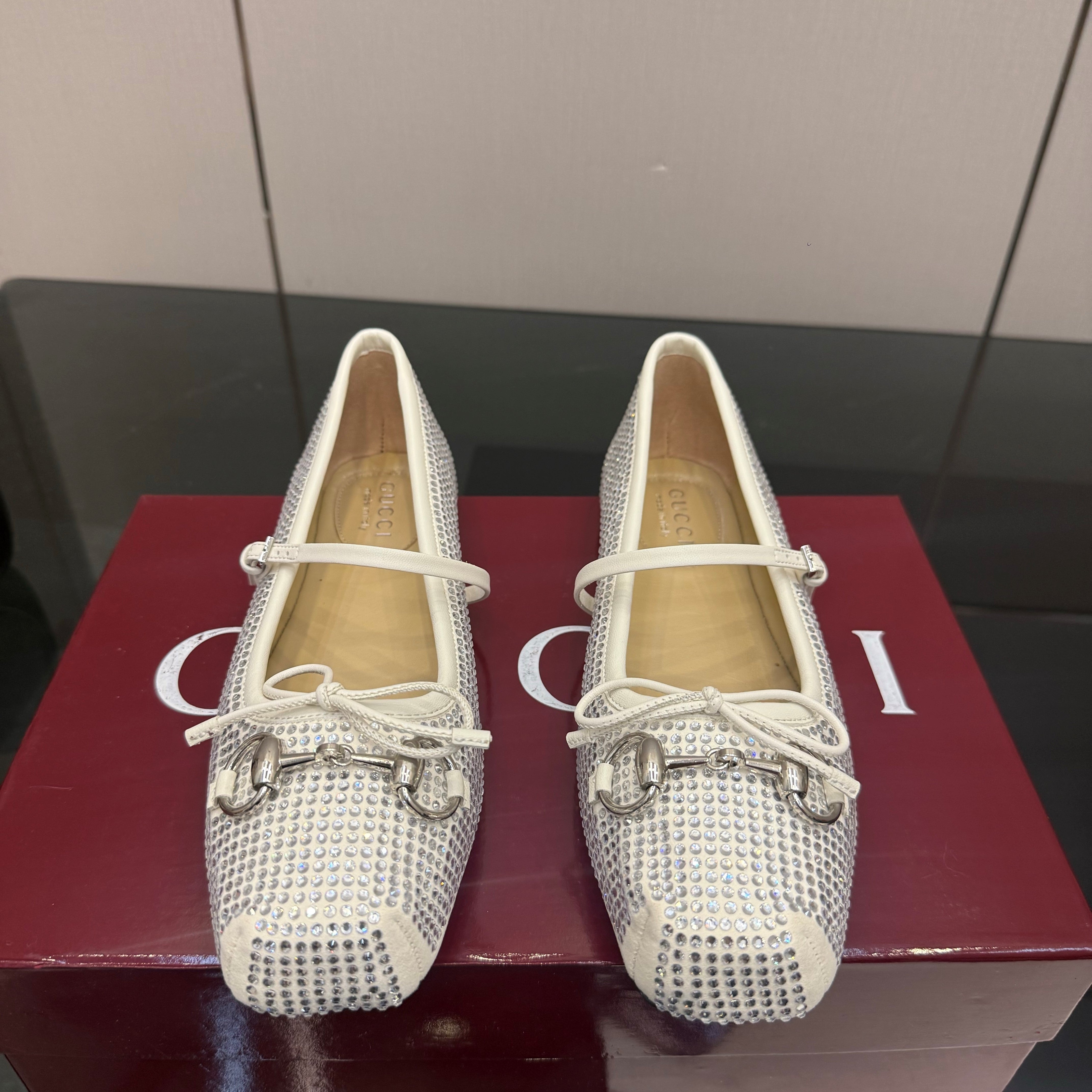 GG Ballerina Flats Square Toe White Leather 725283