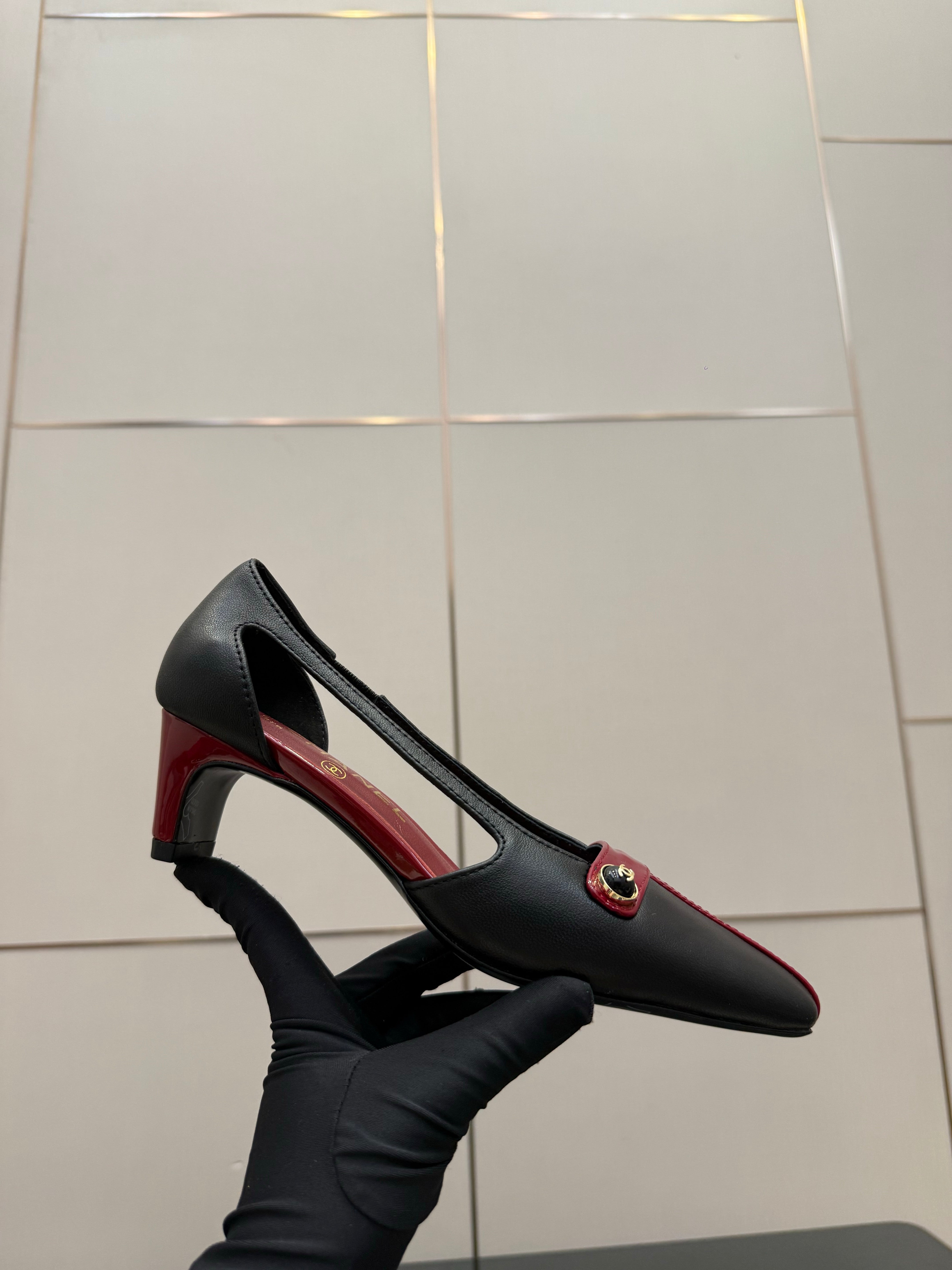 CC 26P Slingback 5cm Red Black Lambskin Patent Leather 791607