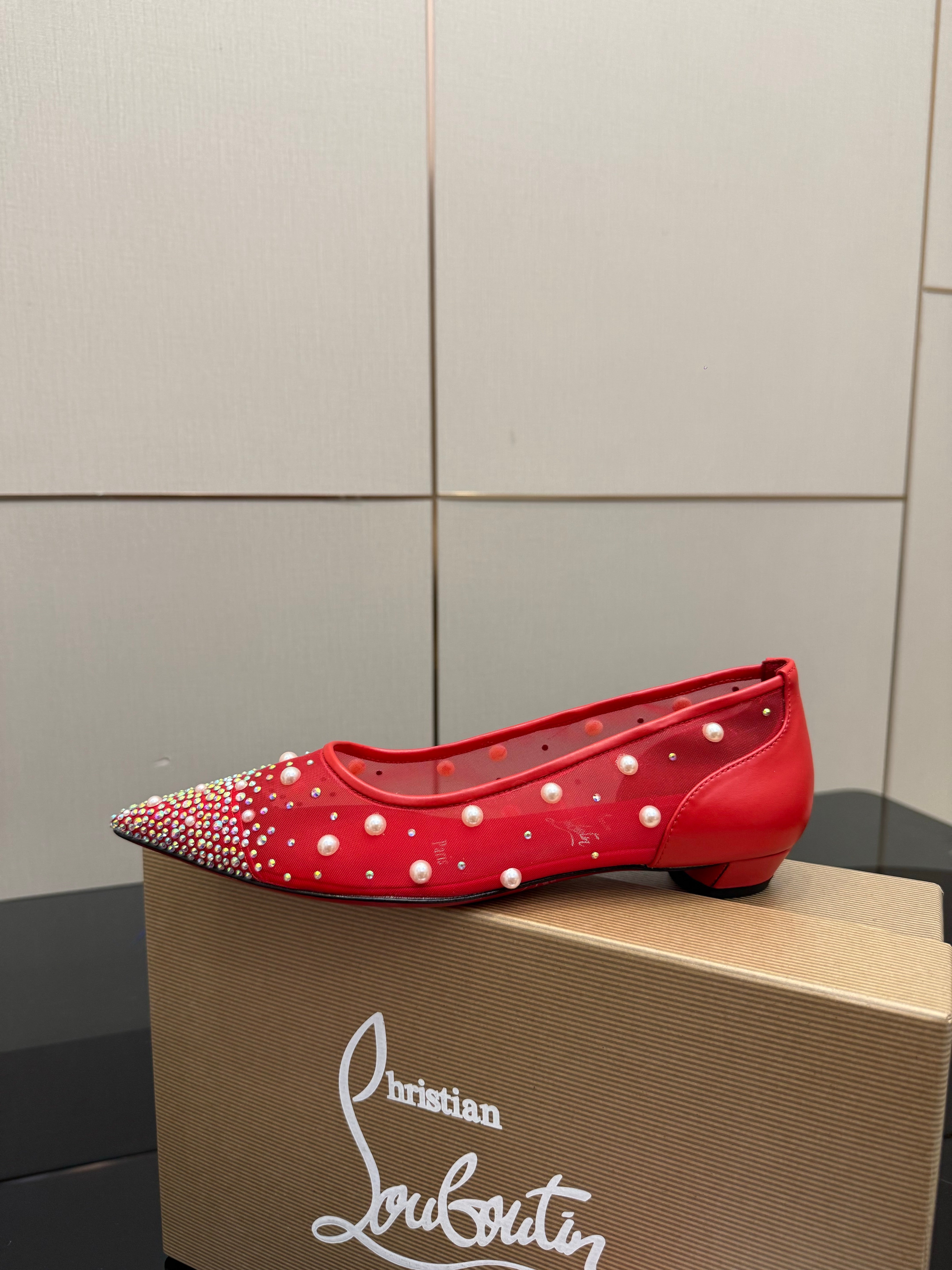 CL Degrastrassina Perla Ballet Flat Red Mesh 828162