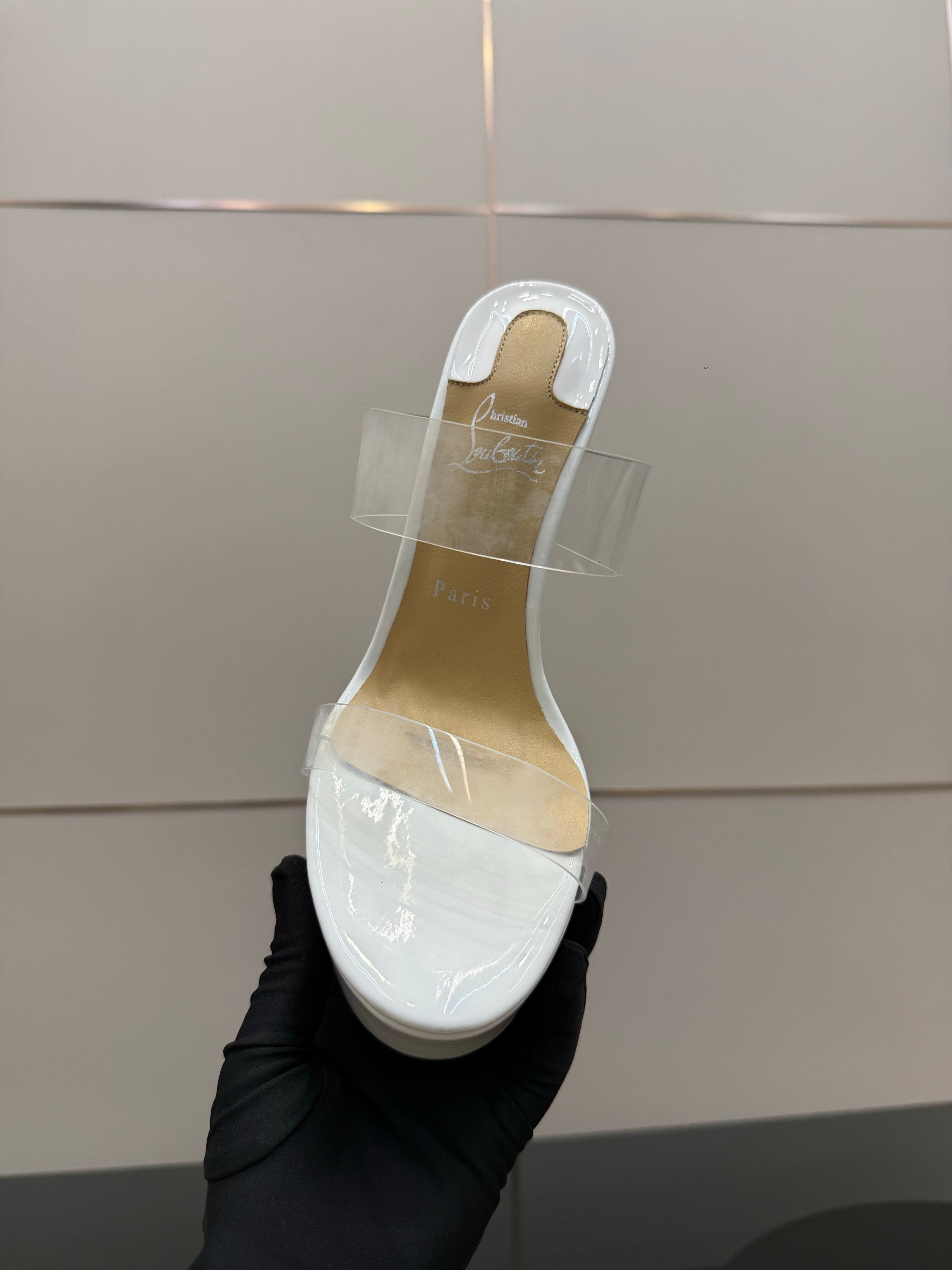 Christian Louboutin 2026 Just Loubi 14.5cm Mules White PVC Lambskin 828177