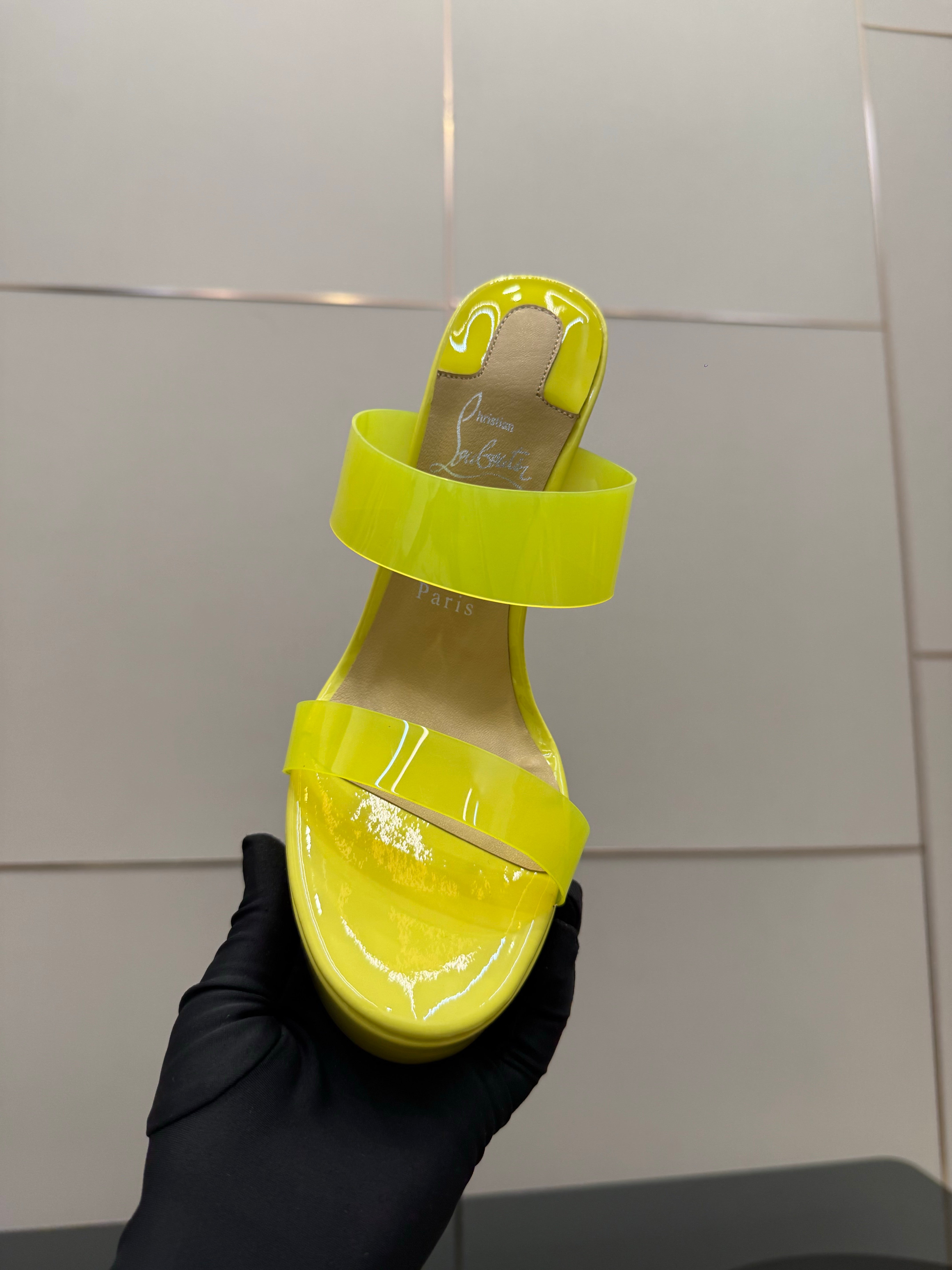 Christian Louboutin 2026 Just Loubi 14.5cm Mules Yellow PVC Lambskin 828178