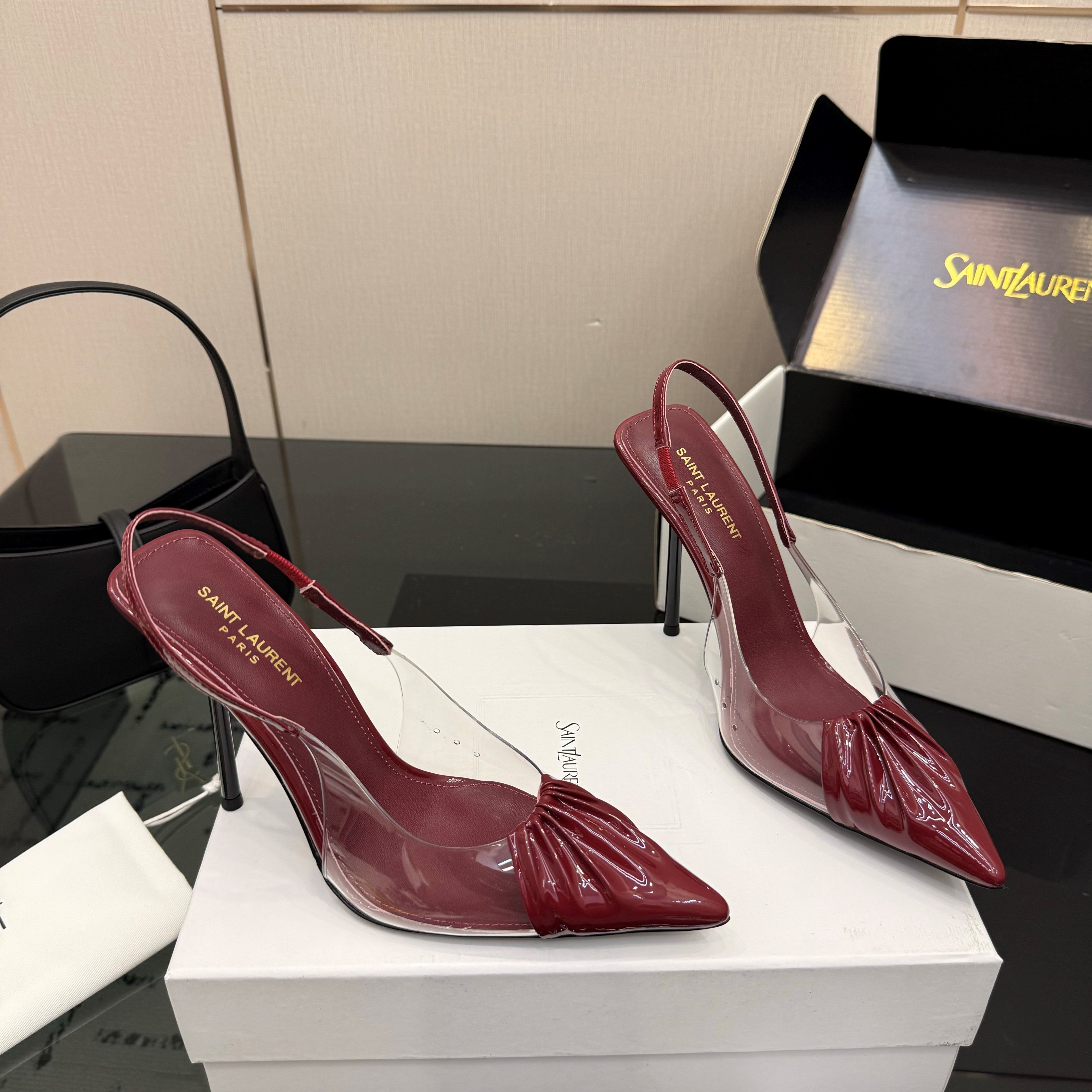 YSL Chica Slingback 10.5cm Burgundy Leather 828237