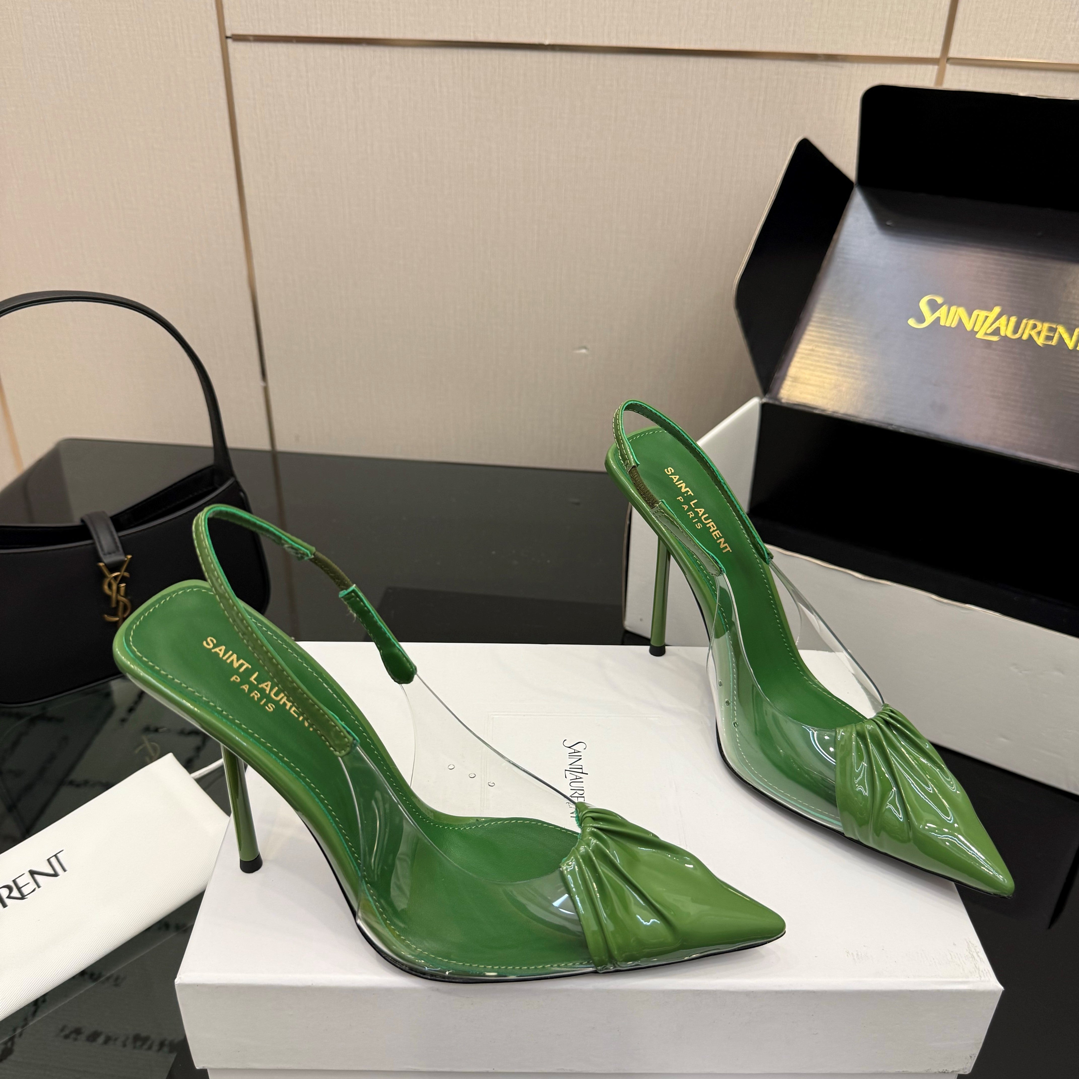 YSL Chica Slingback 10.5cm Green Leather 828240