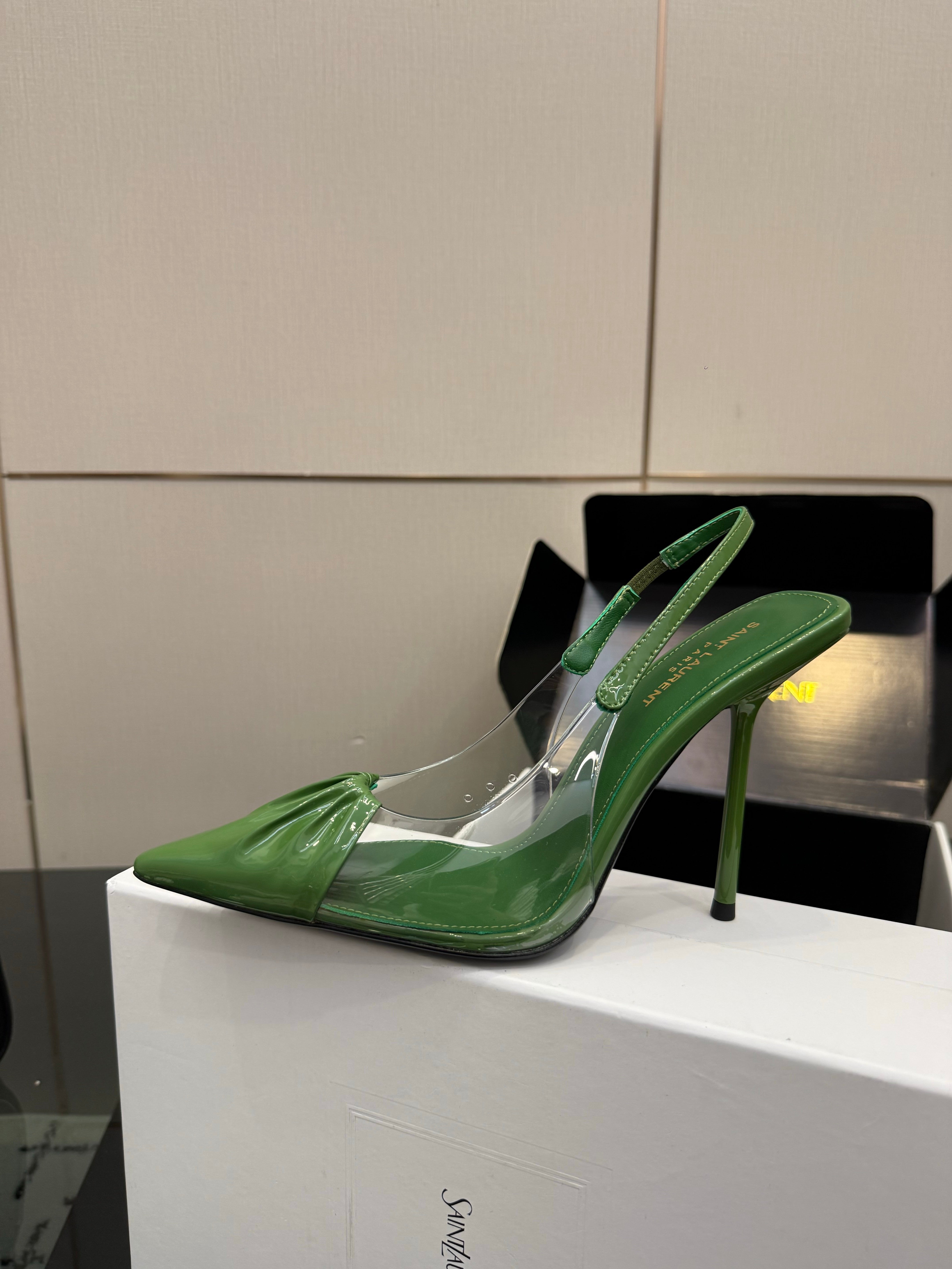 YSL Chica Slingback 10.5cm Green Leather 828240