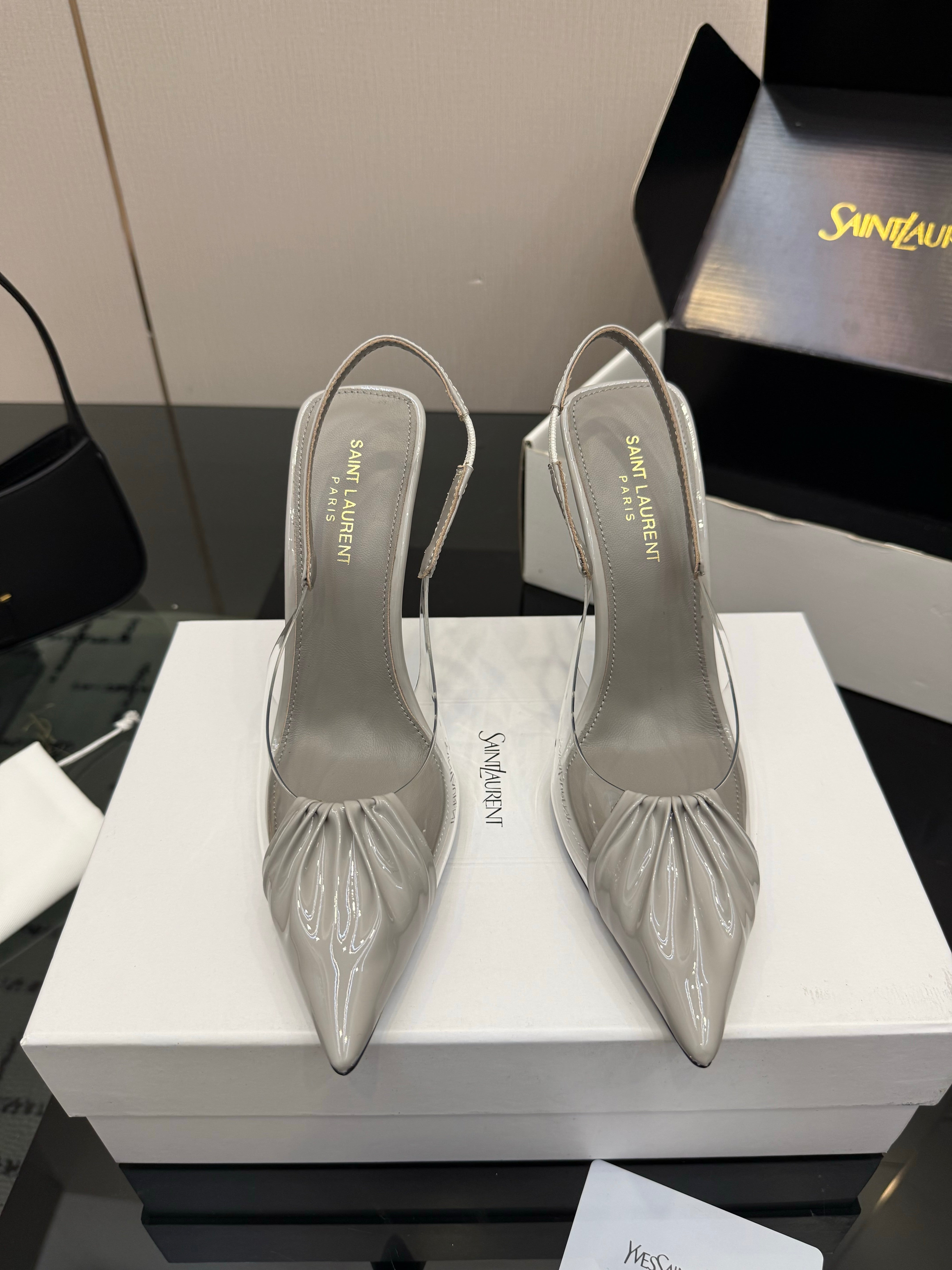 YSL Chica Slingback 10.5cm Grey Leather 828242