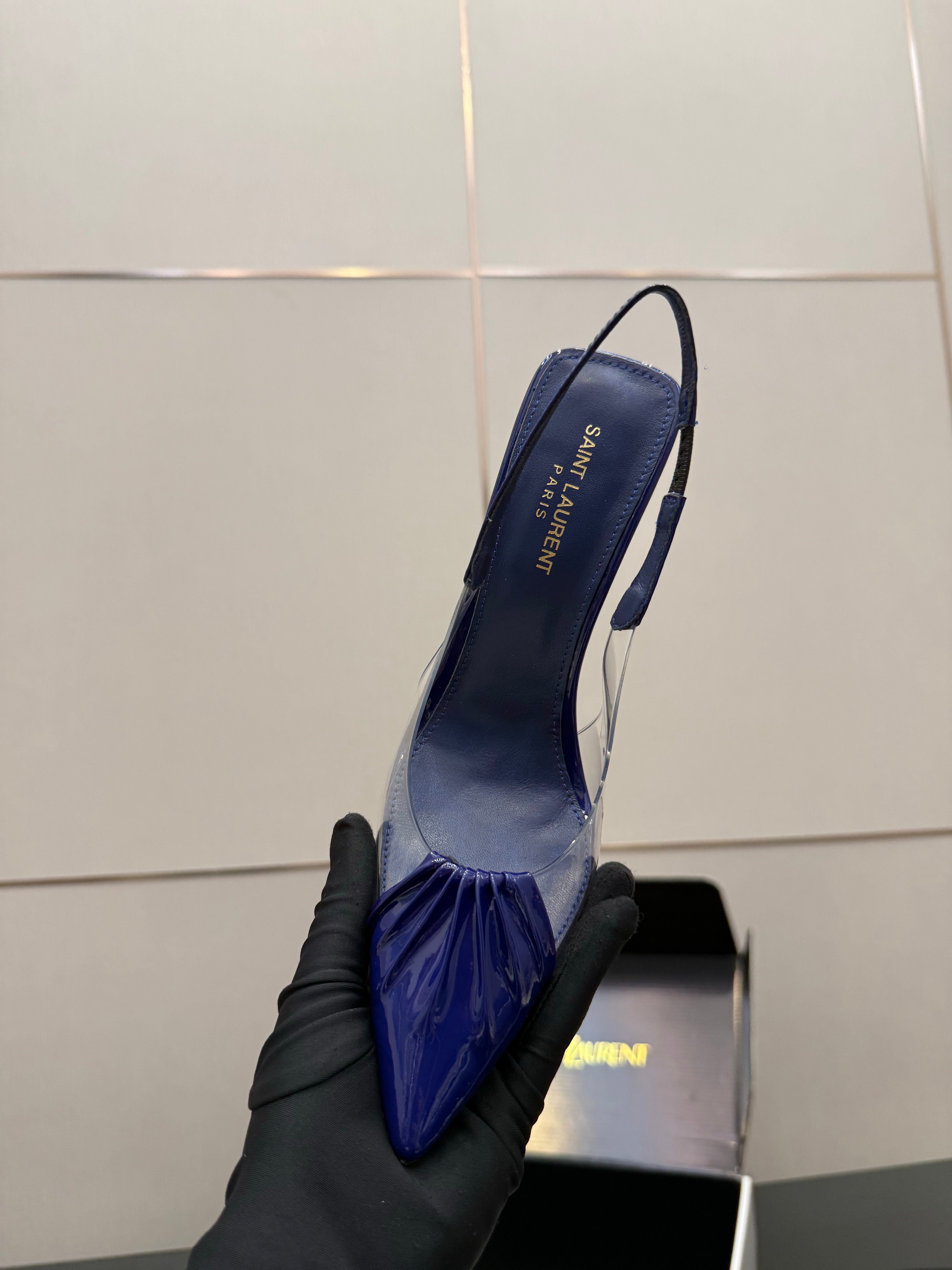 YSL Chica Slingback 10.5cm Blue Leather 828243