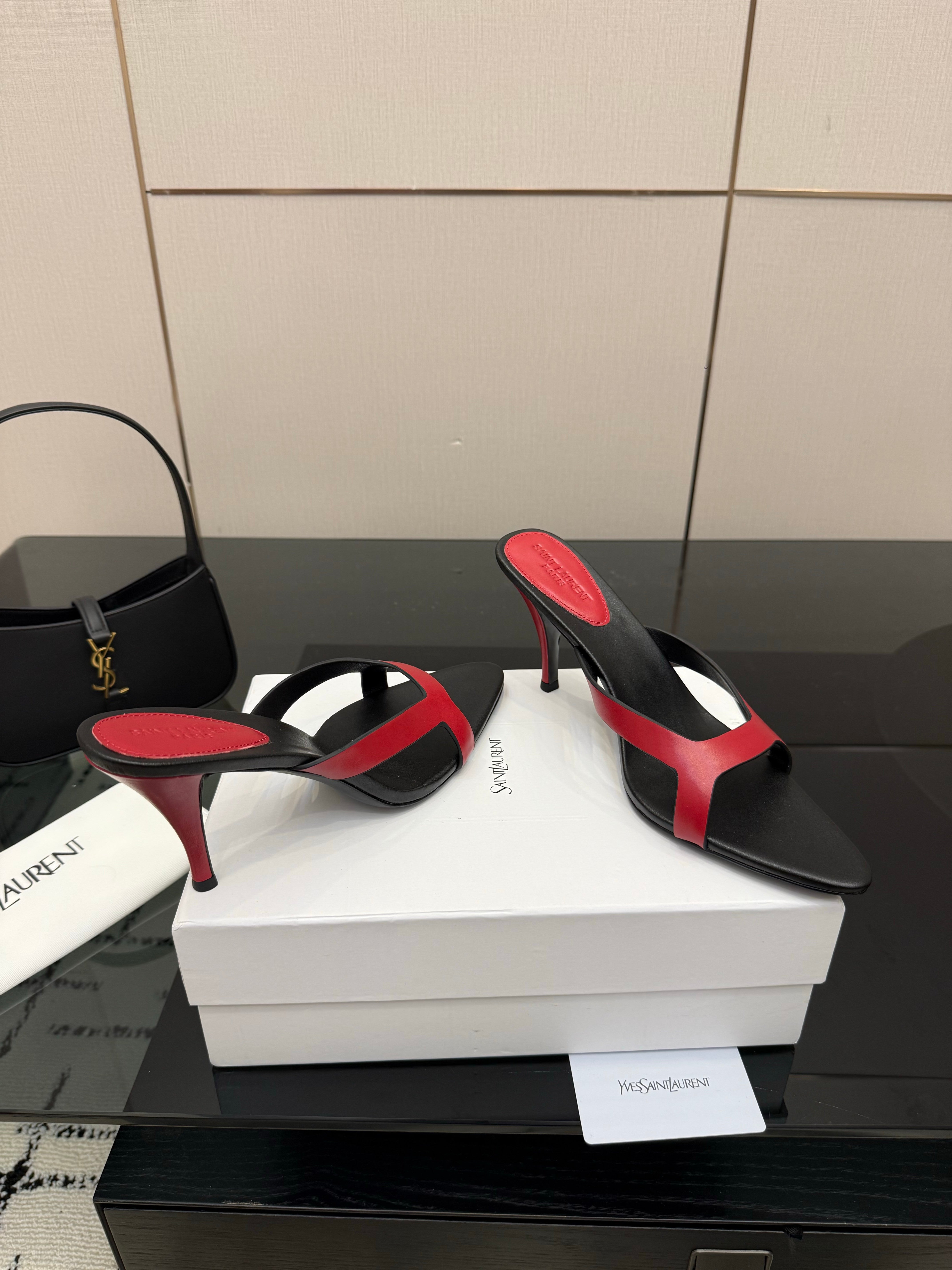 YSL Sandal 9cm Black Red Cowhide 828247