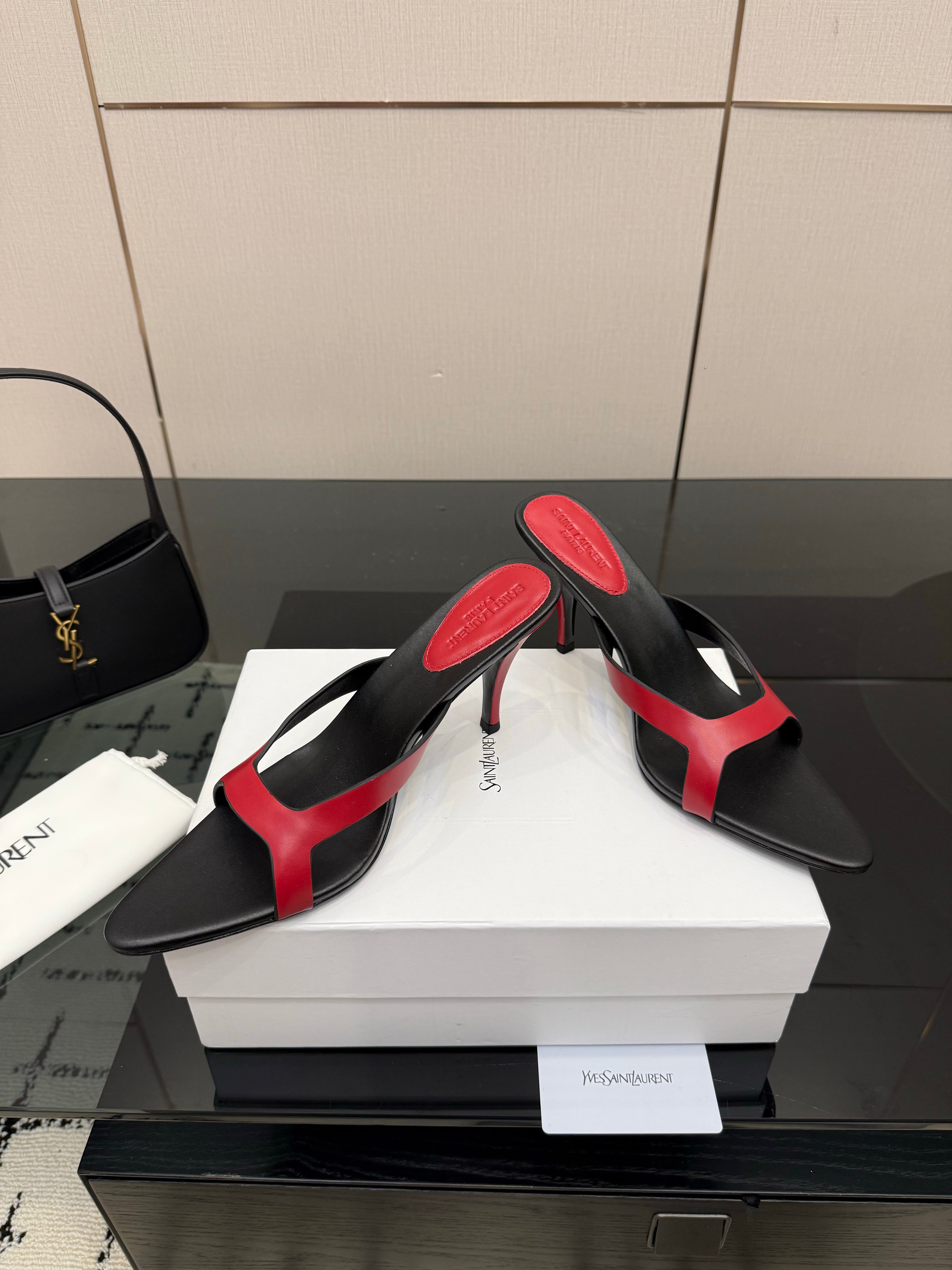 YSL Sandal 9cm Black Red Cowhide 828247