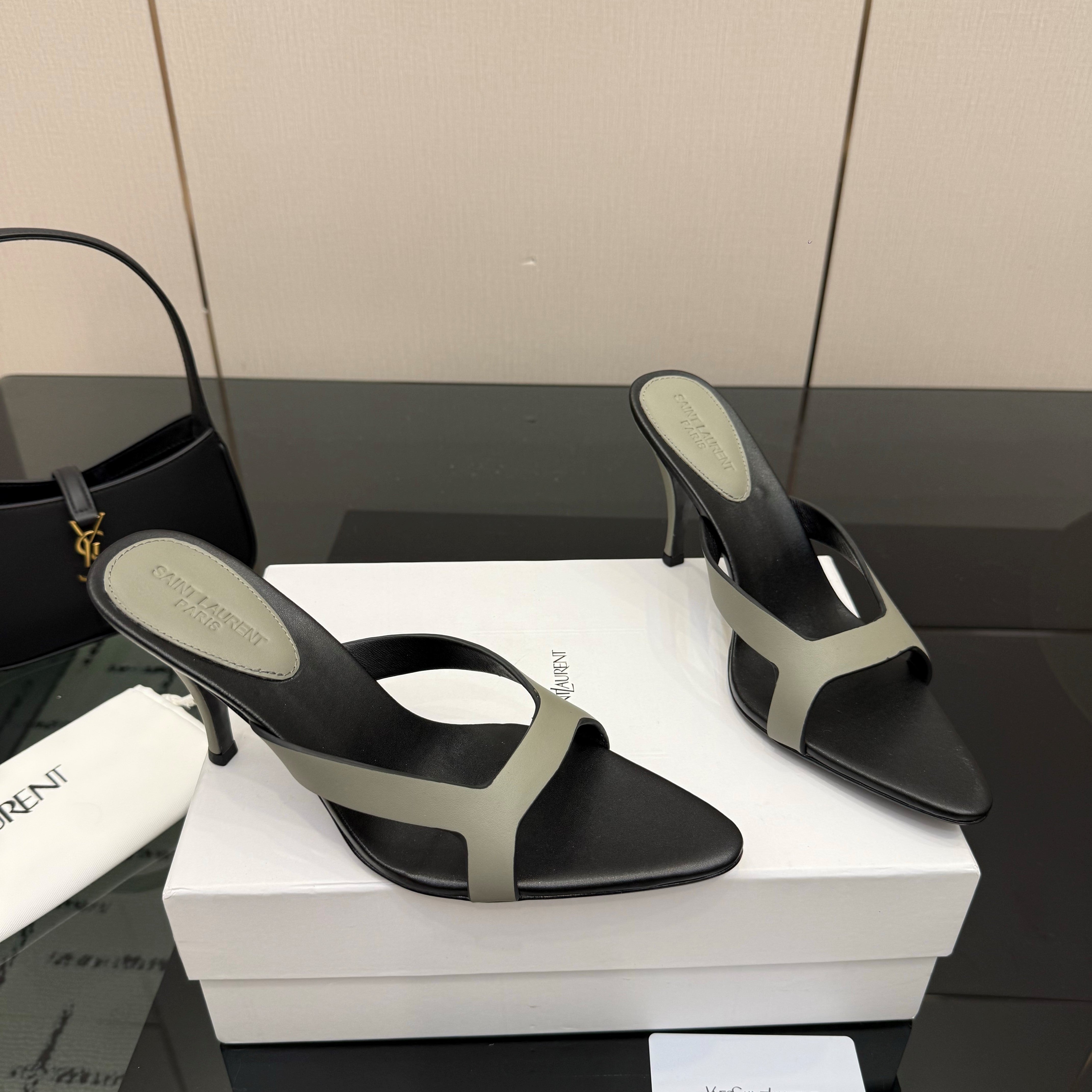 YSL Sandal 9cm Black Grey Cowhide 828248