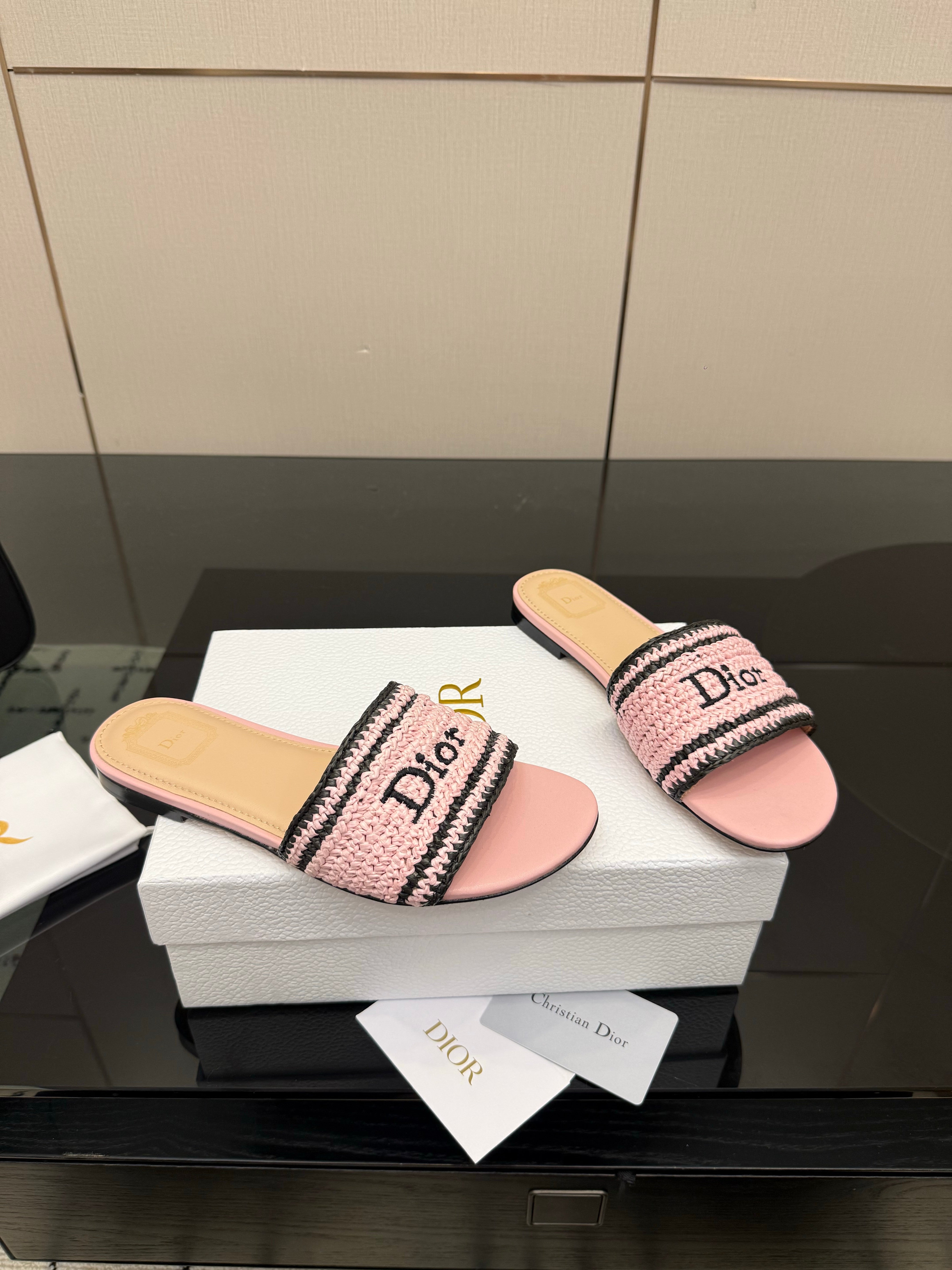 CD Dioriviera Woven Slides Pink Fabric Goatskin 828259