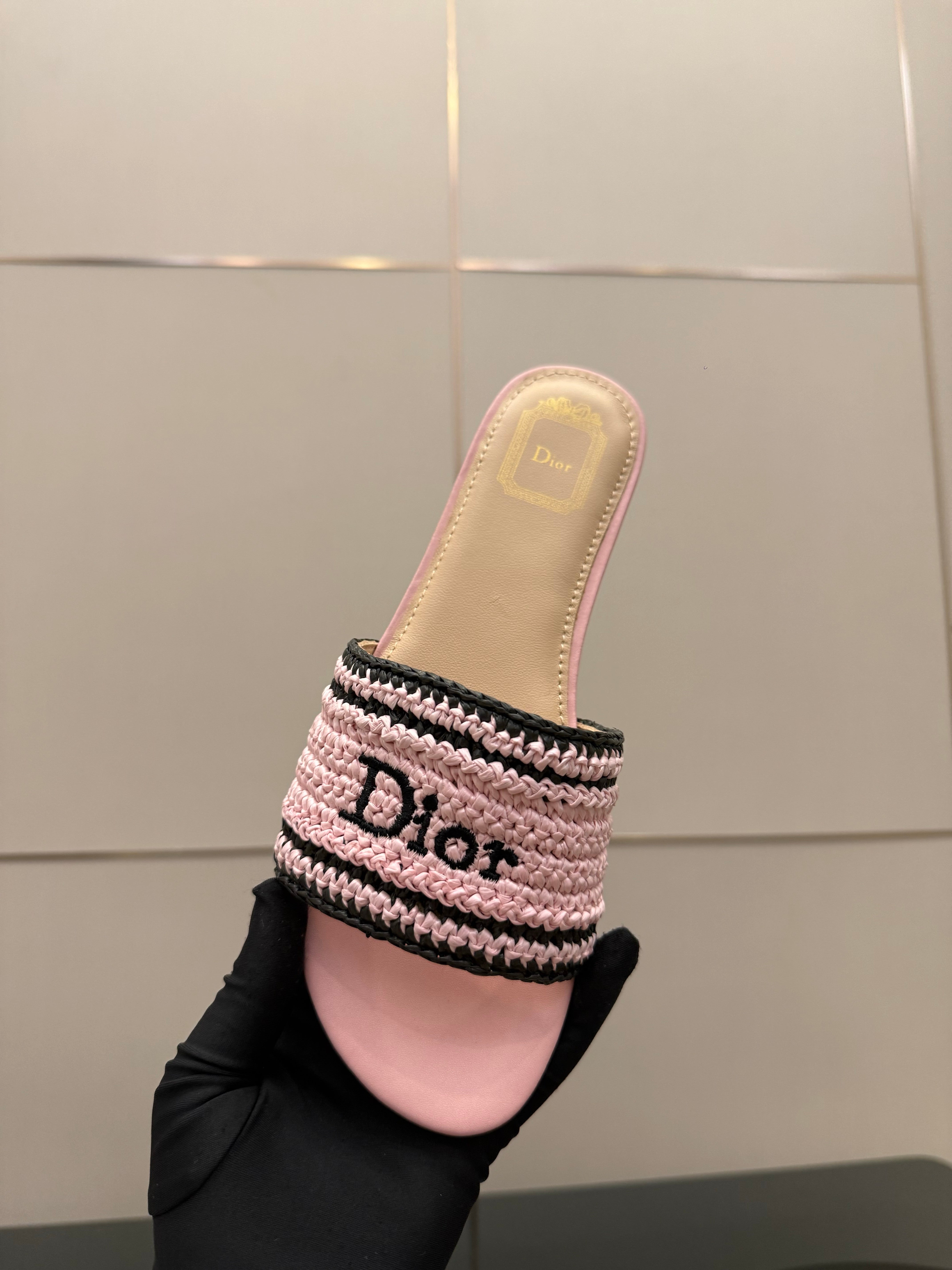 CD Dioriviera Woven Slides Pink Fabric Goatskin 828259