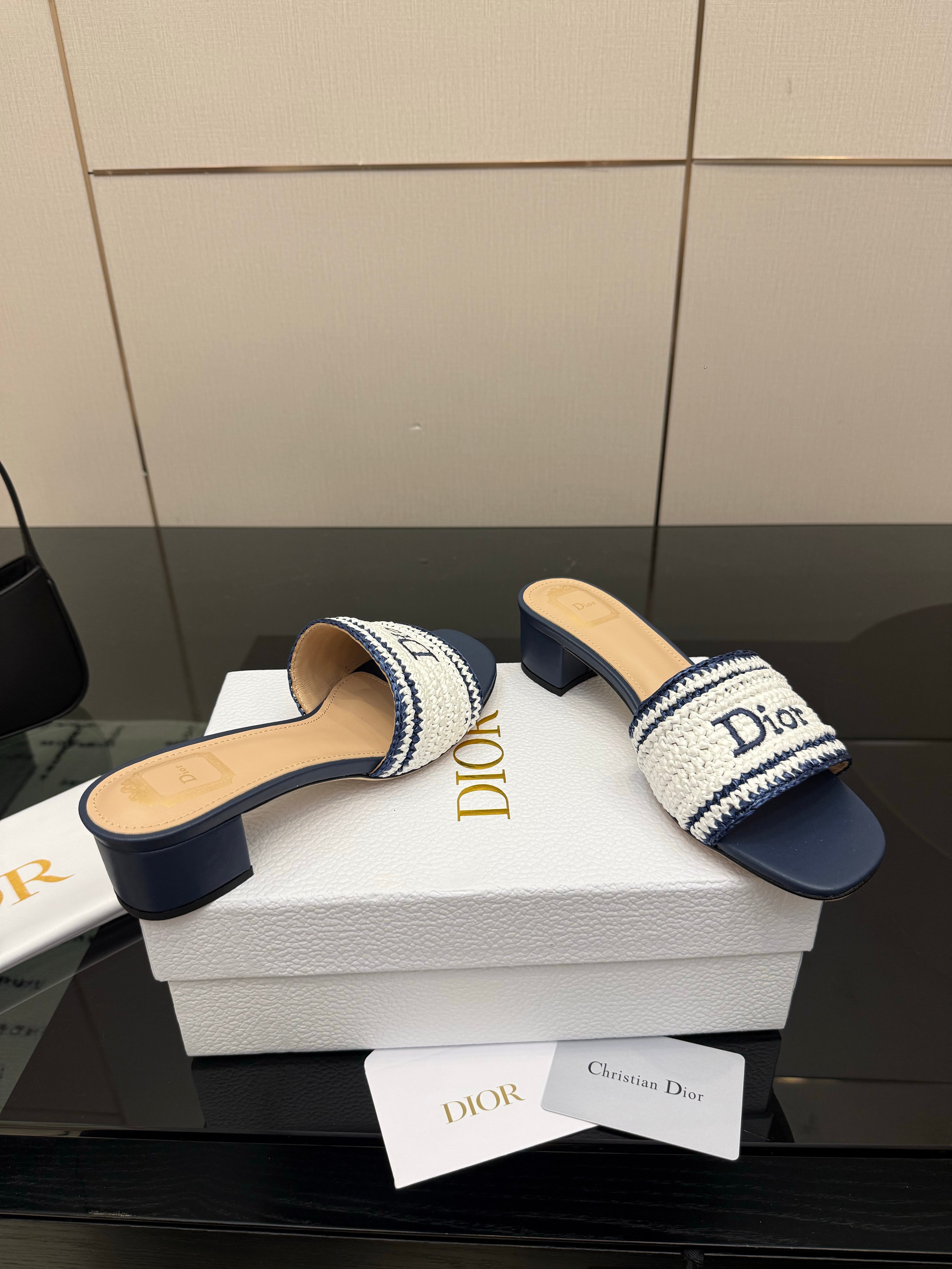 CD Dioriviera Woven Slides 4cm White Blue Fabric Goatskin 828261