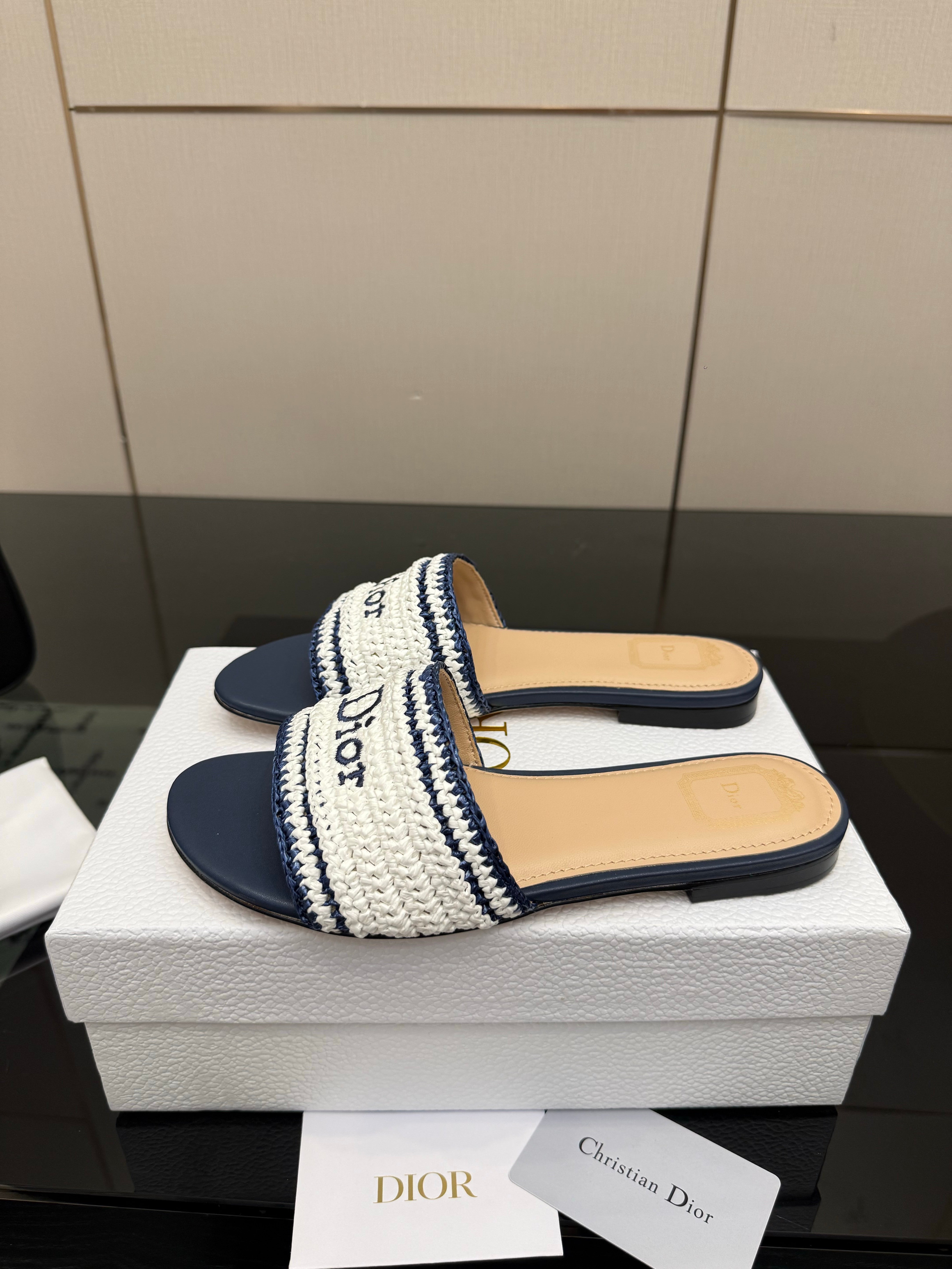 CD Dioriviera Woven Slides White Blue Fabric Goatskin 828262