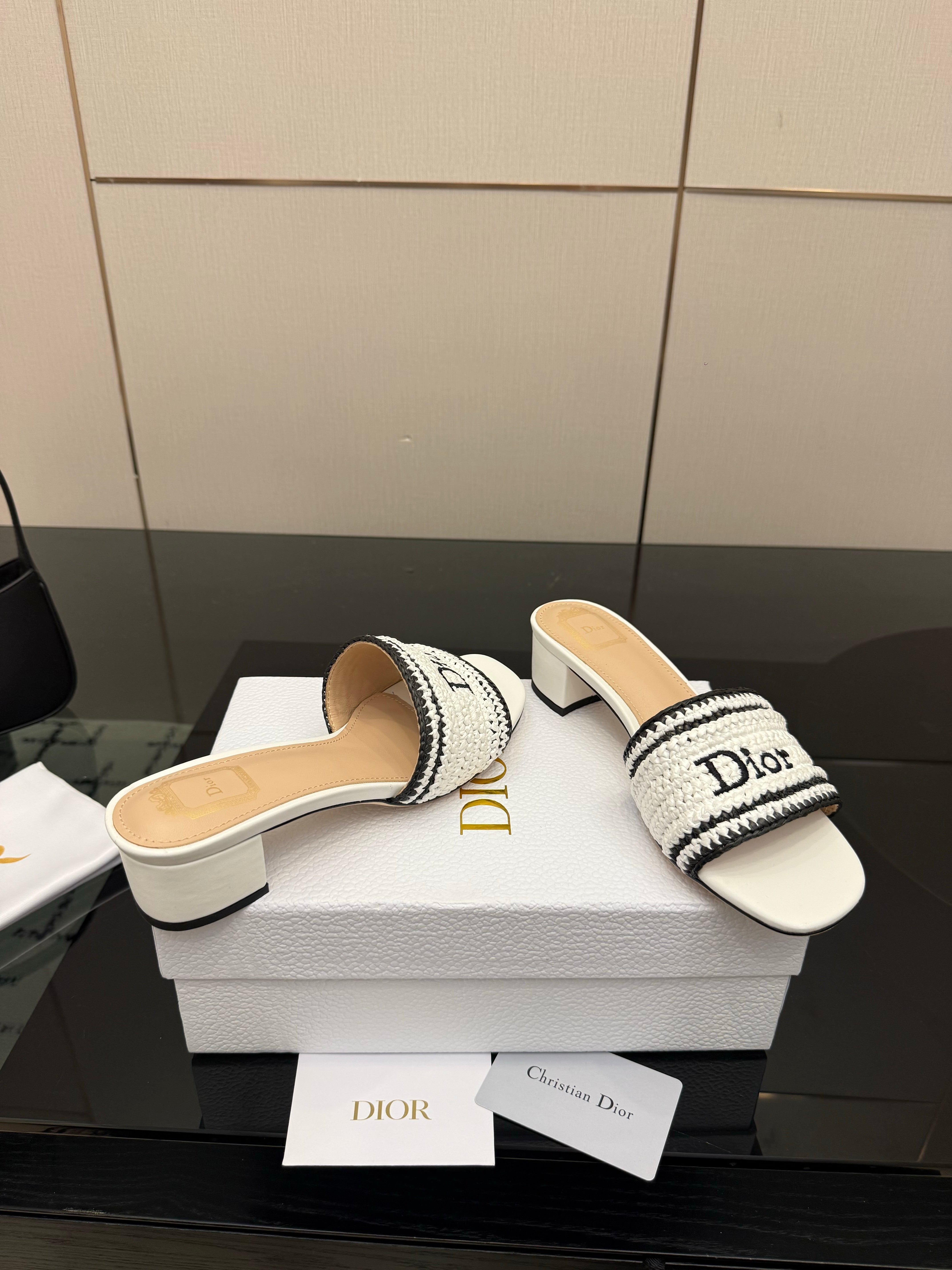 CD Dioriviera Woven Slides 4cm White Fabric Goatskin 828265