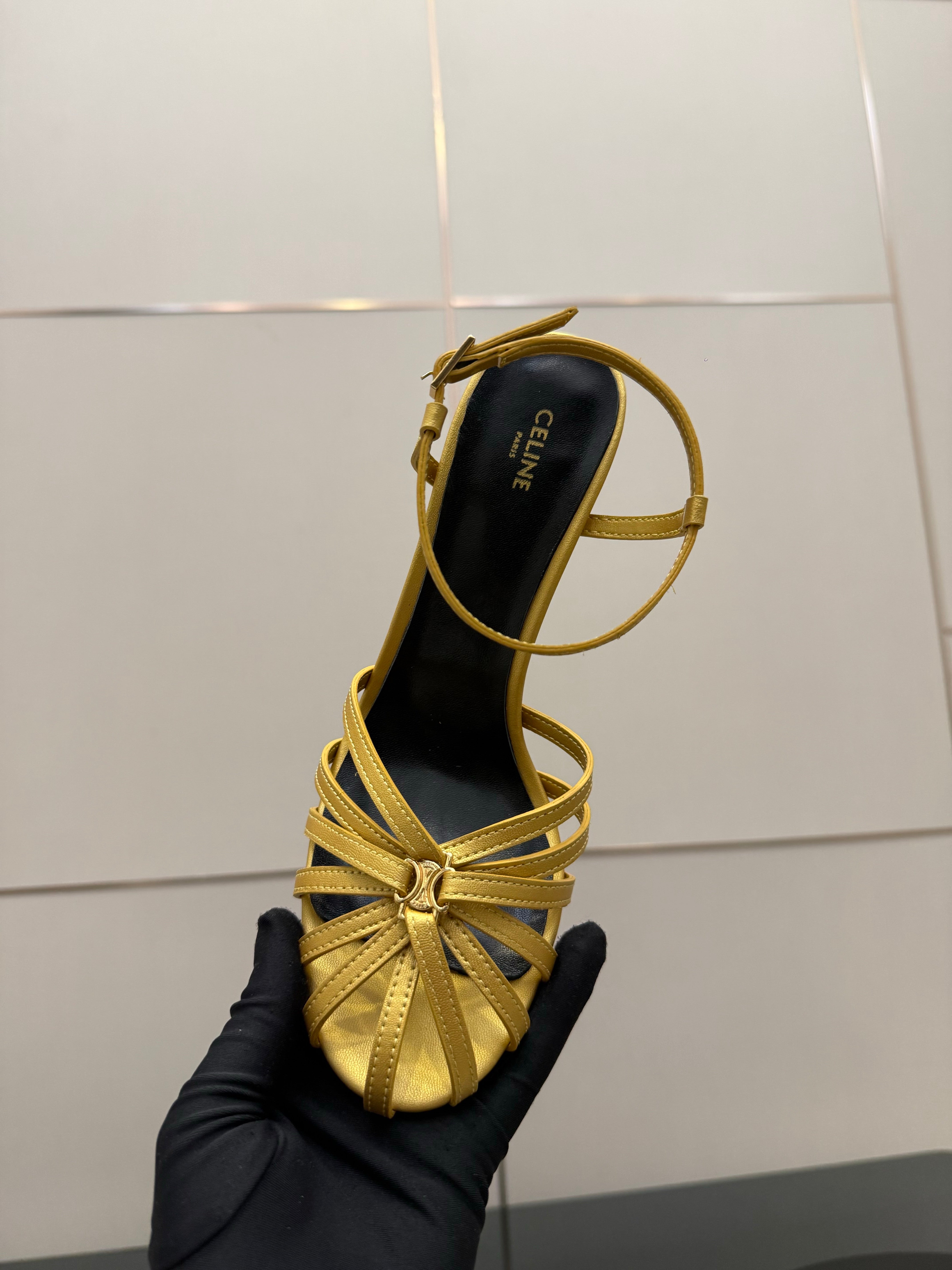 Celine 26s Sandal Triomphe 8.5cm Gold Lambskin 894268