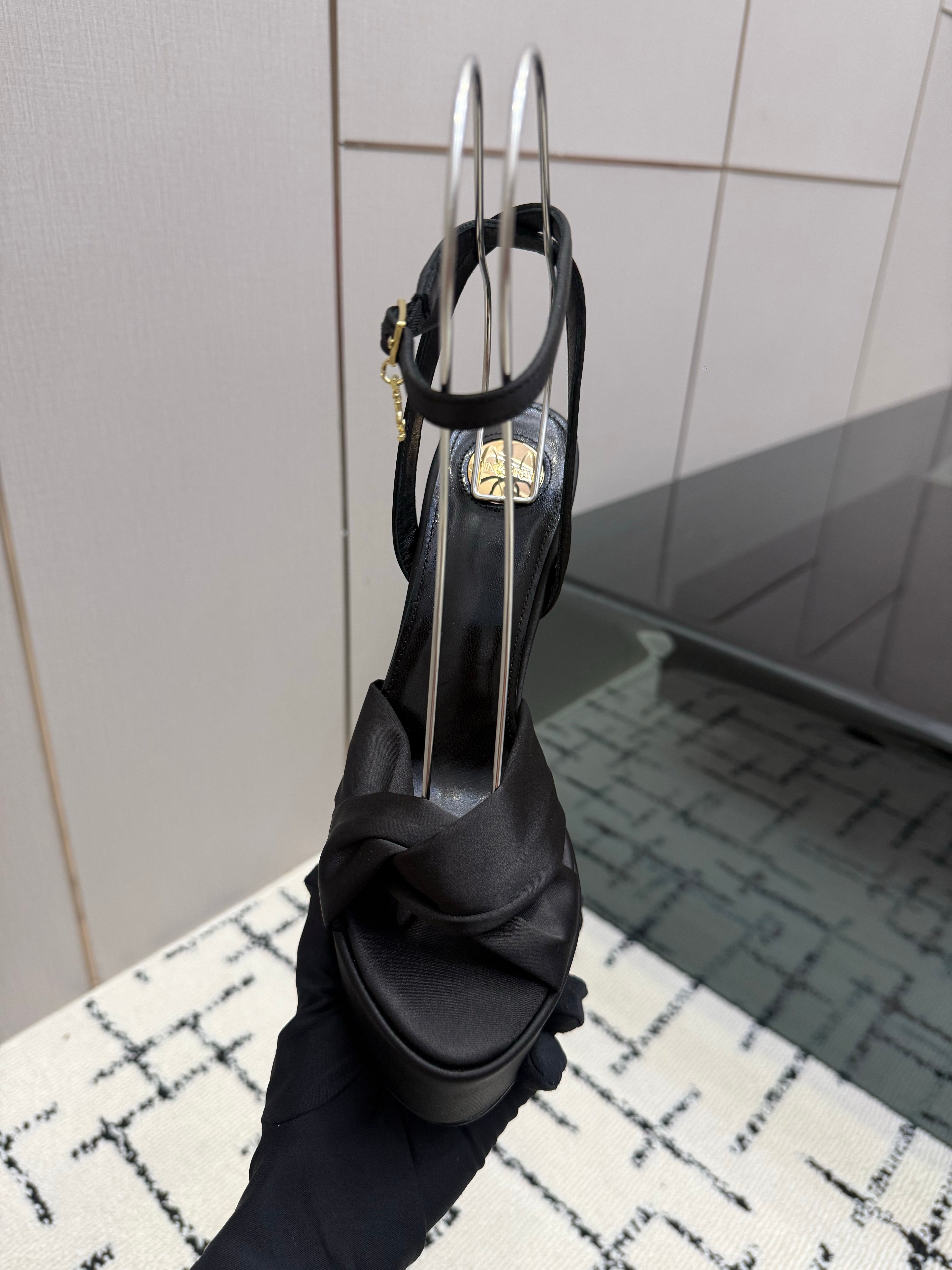 YSL Franciane Platform Sandals Black Satin 894445