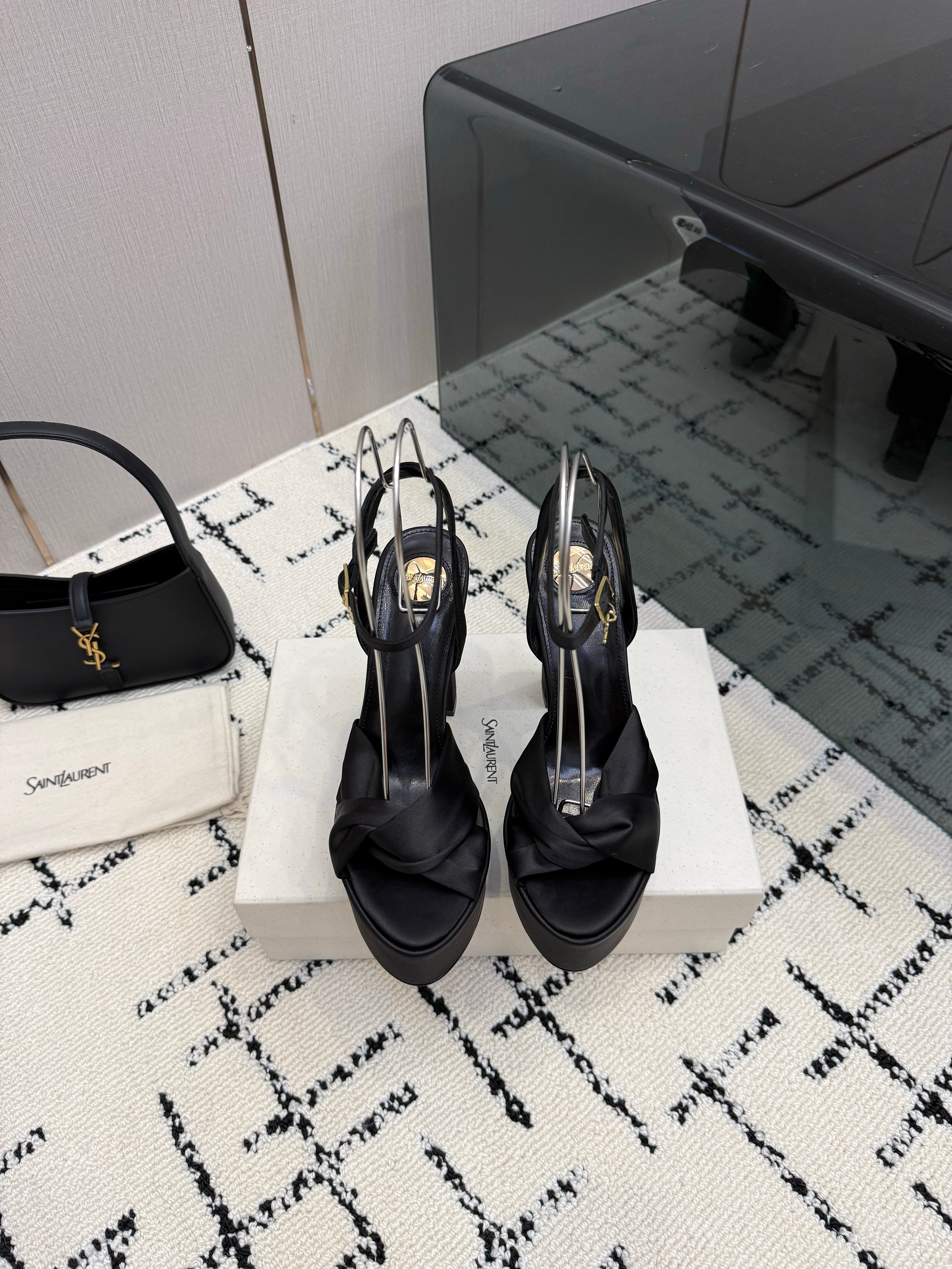 YSL Franciane Platform Sandals Black Satin 894445