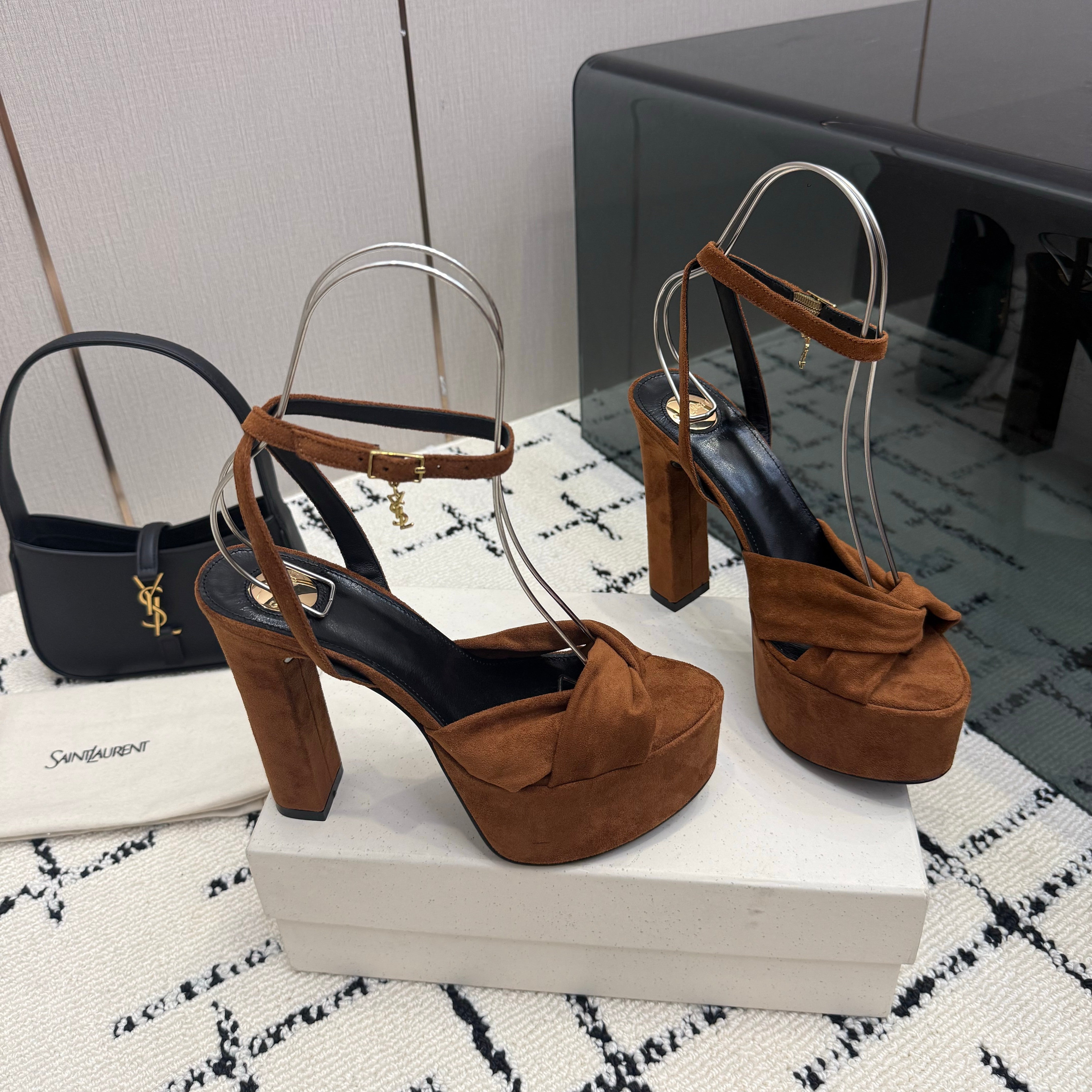 YSL Franciane Platform Sandals Coffee Suede Leather 894449