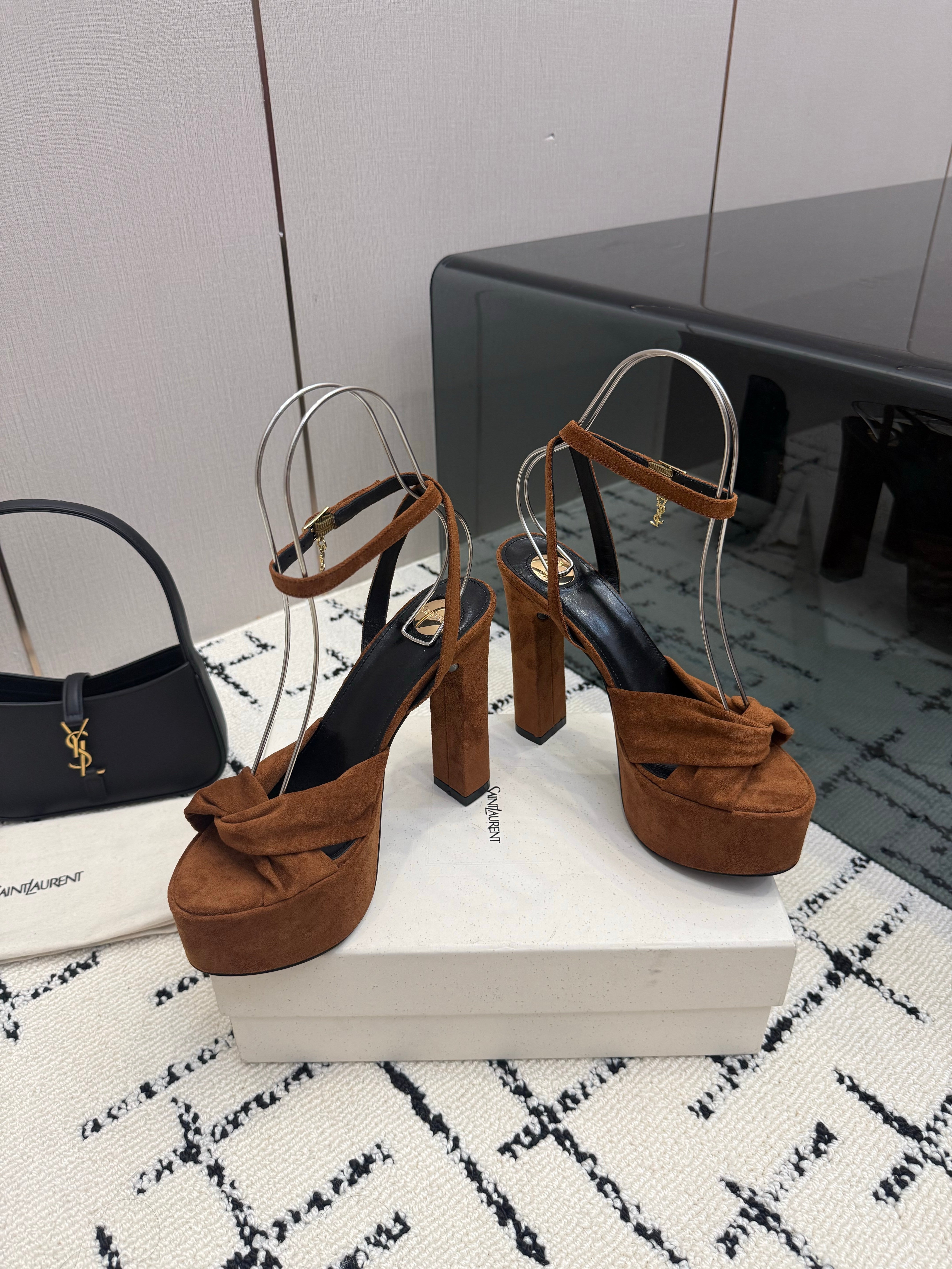 YSL Franciane Platform Sandals Coffee Suede Leather 894449