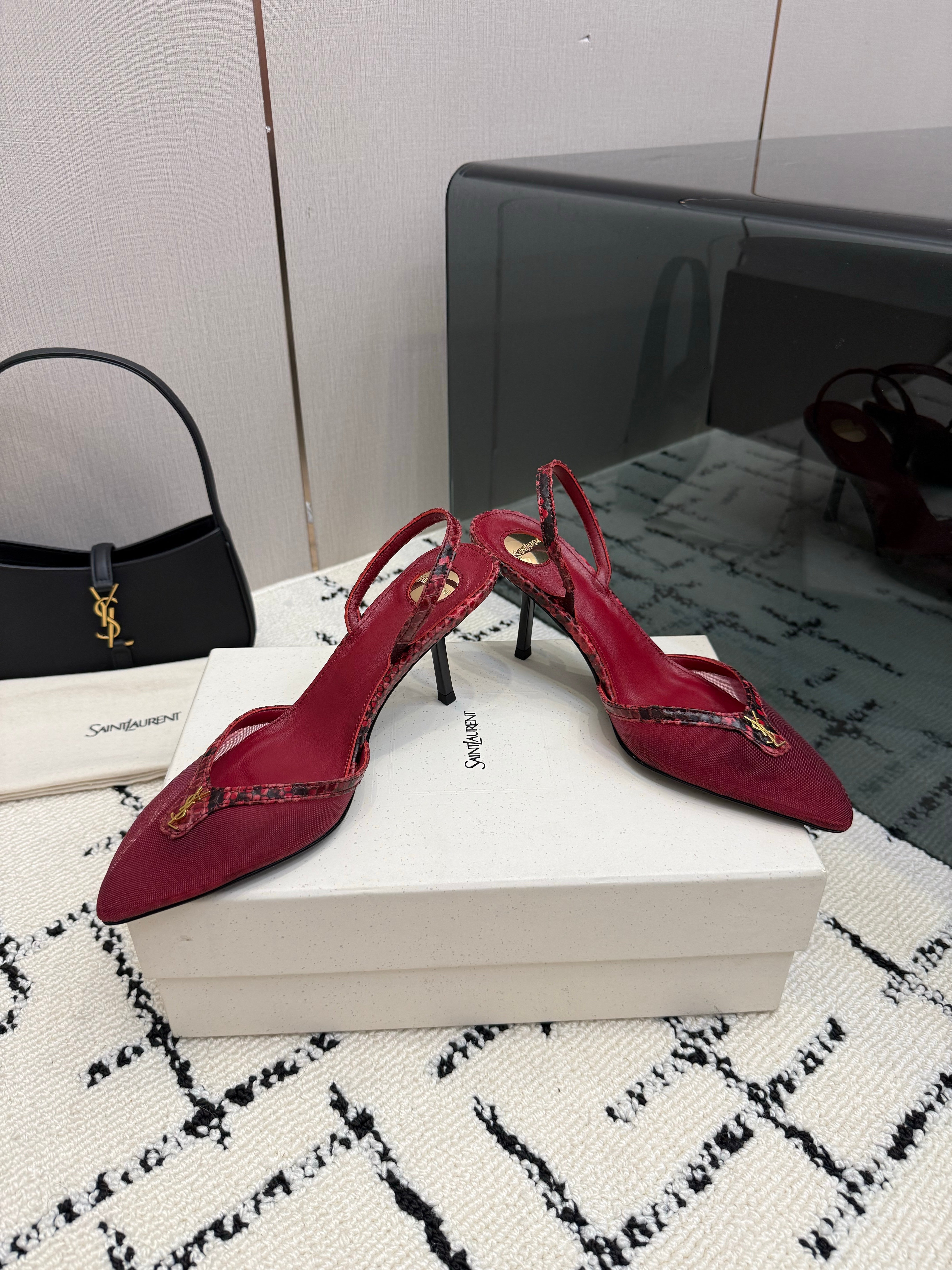YSL Sandal Burgundy Leather Mesh 894454
