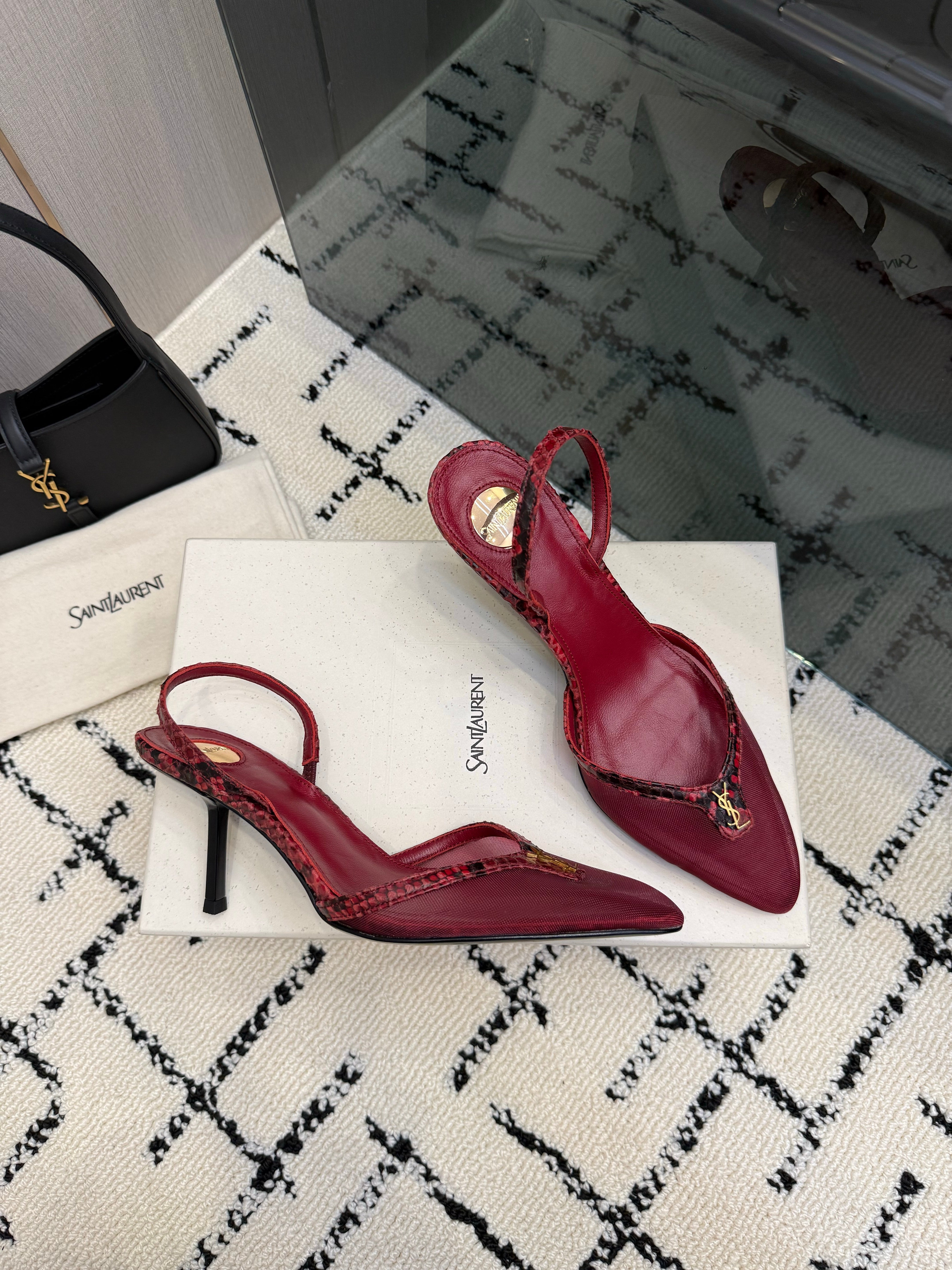 YSL Sandal Burgundy Leather Mesh 894454