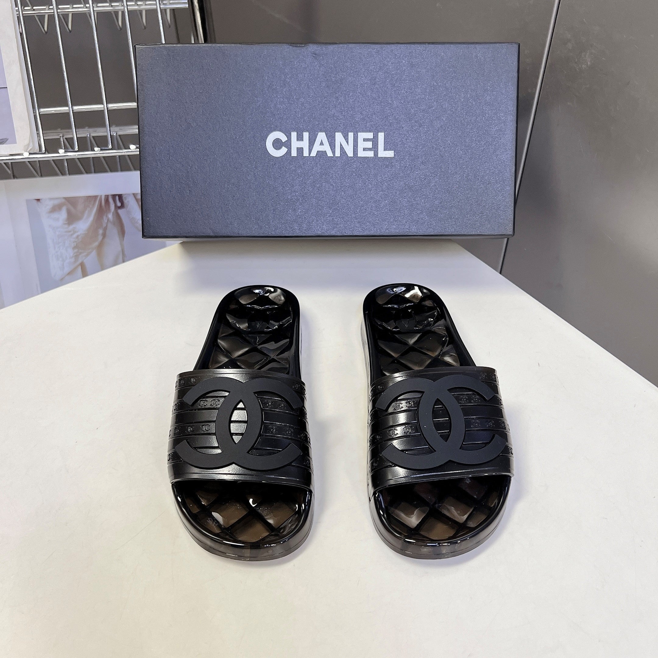 CC 26s Flat Slide Sandals Black PVC Transparent 947932