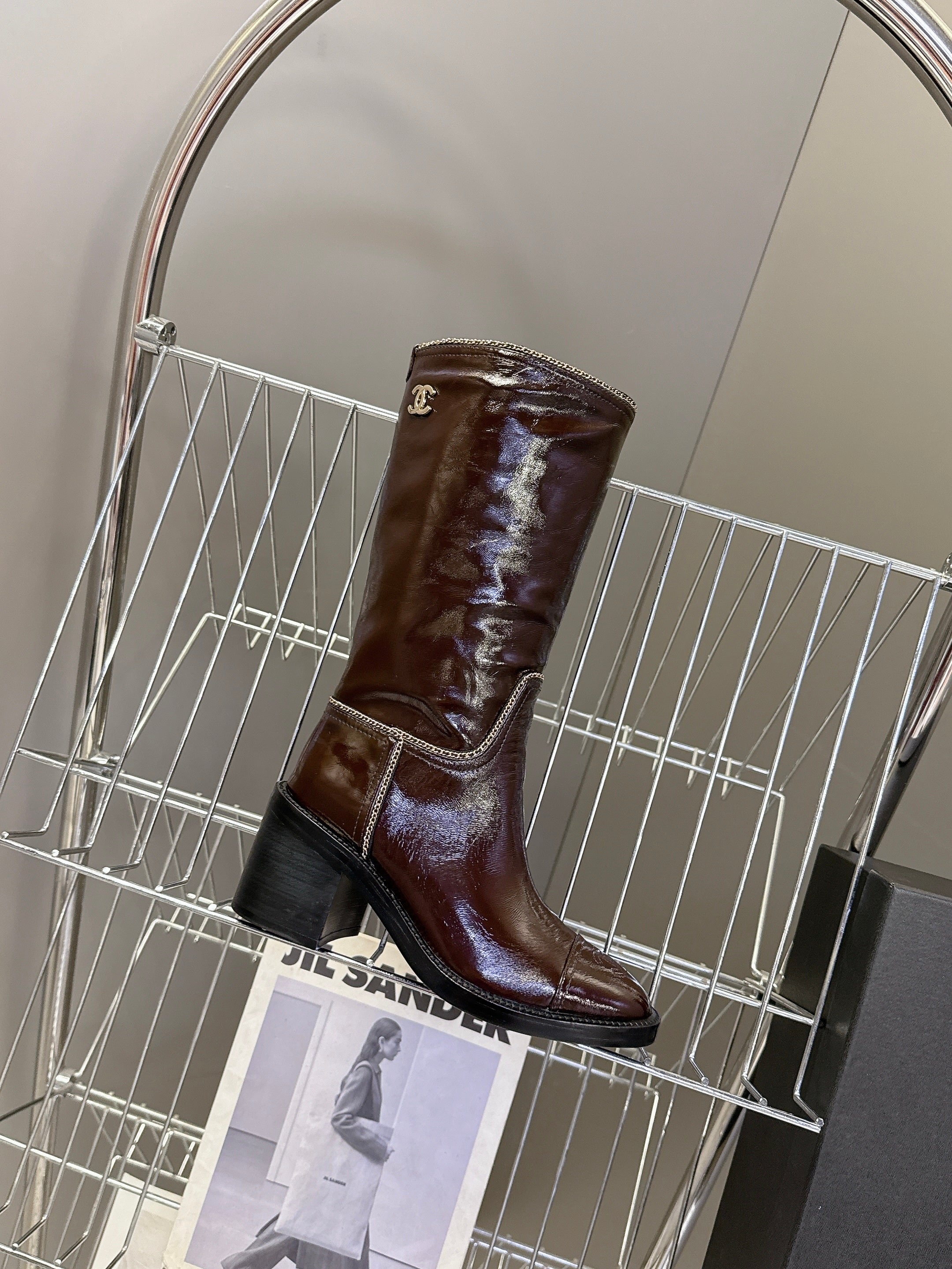 CC 26s Chain-Embellished Long Boots Brown Glossy Lambskin 948053