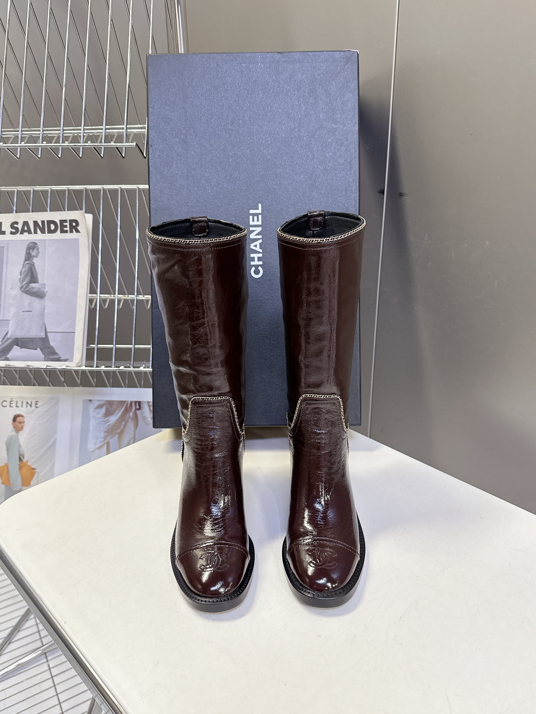 CC 26s Chain-Embellished Long Boots Brown Glossy Lambskin 948053