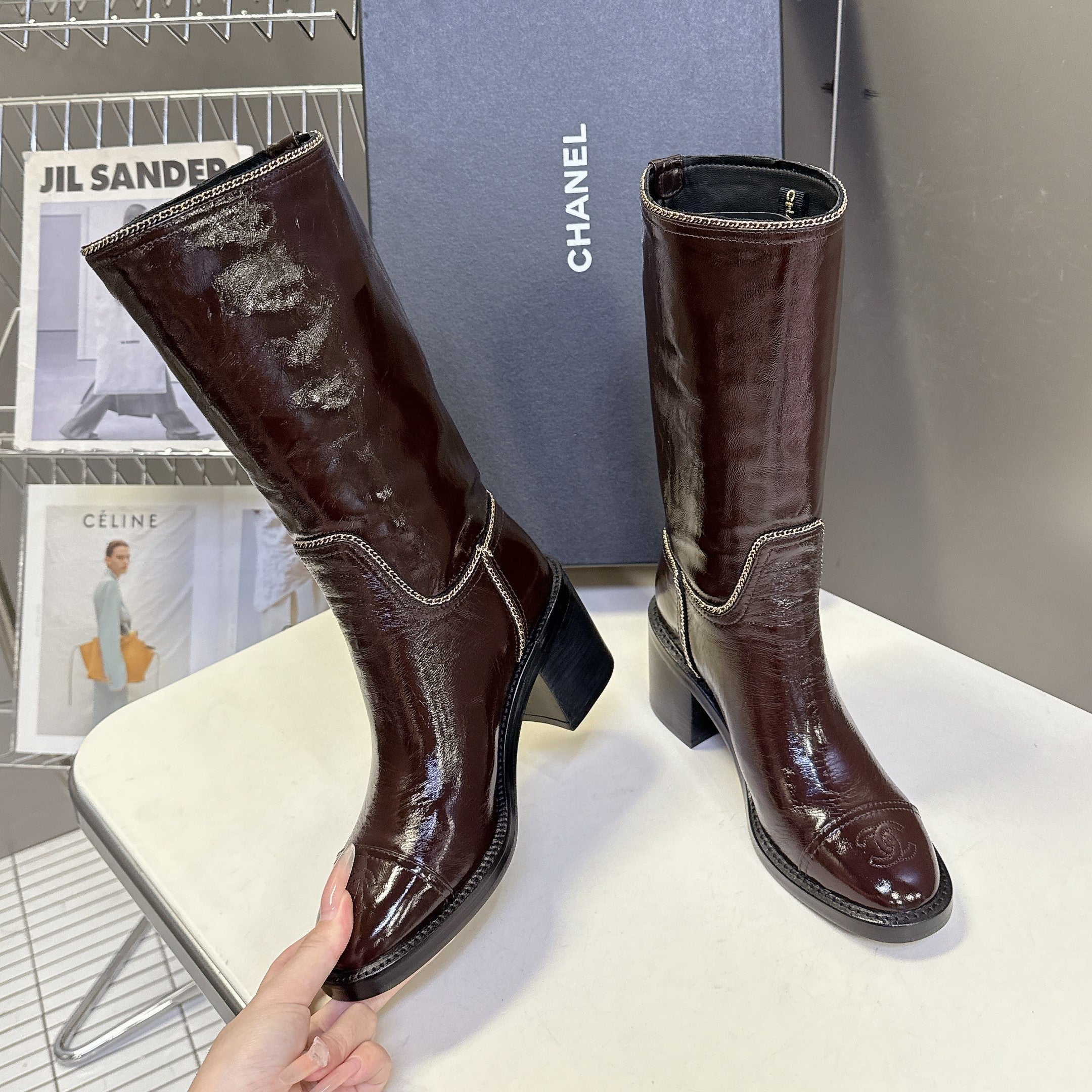 CC 26s Chain-Embellished Long Boots Brown Glossy Lambskin 948053