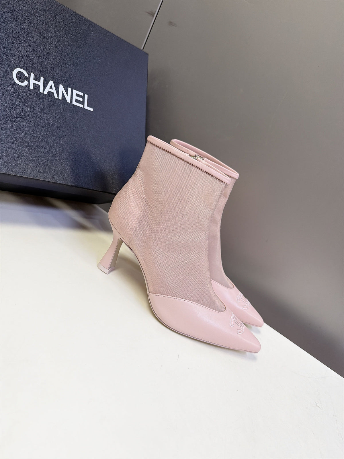 CC 26S Pointed Ankle Boots 5cm Pink Mesh Leather 113929