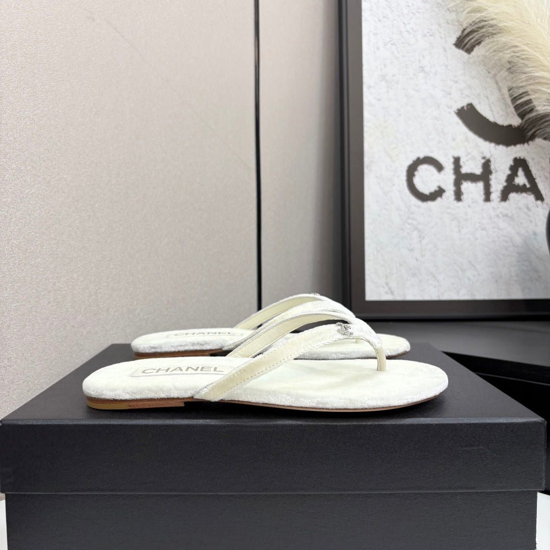 CC Crystal Logo Thong Sandal White Velvet 352477