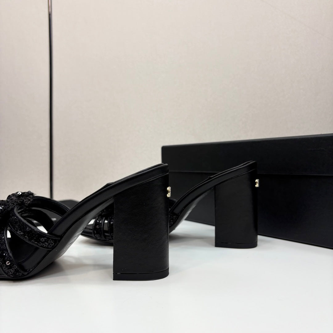 CC 25 Camellia Open Heel Mule Sandals 90mm Black Coarse Glitter Fabric And Sheepskin 368846